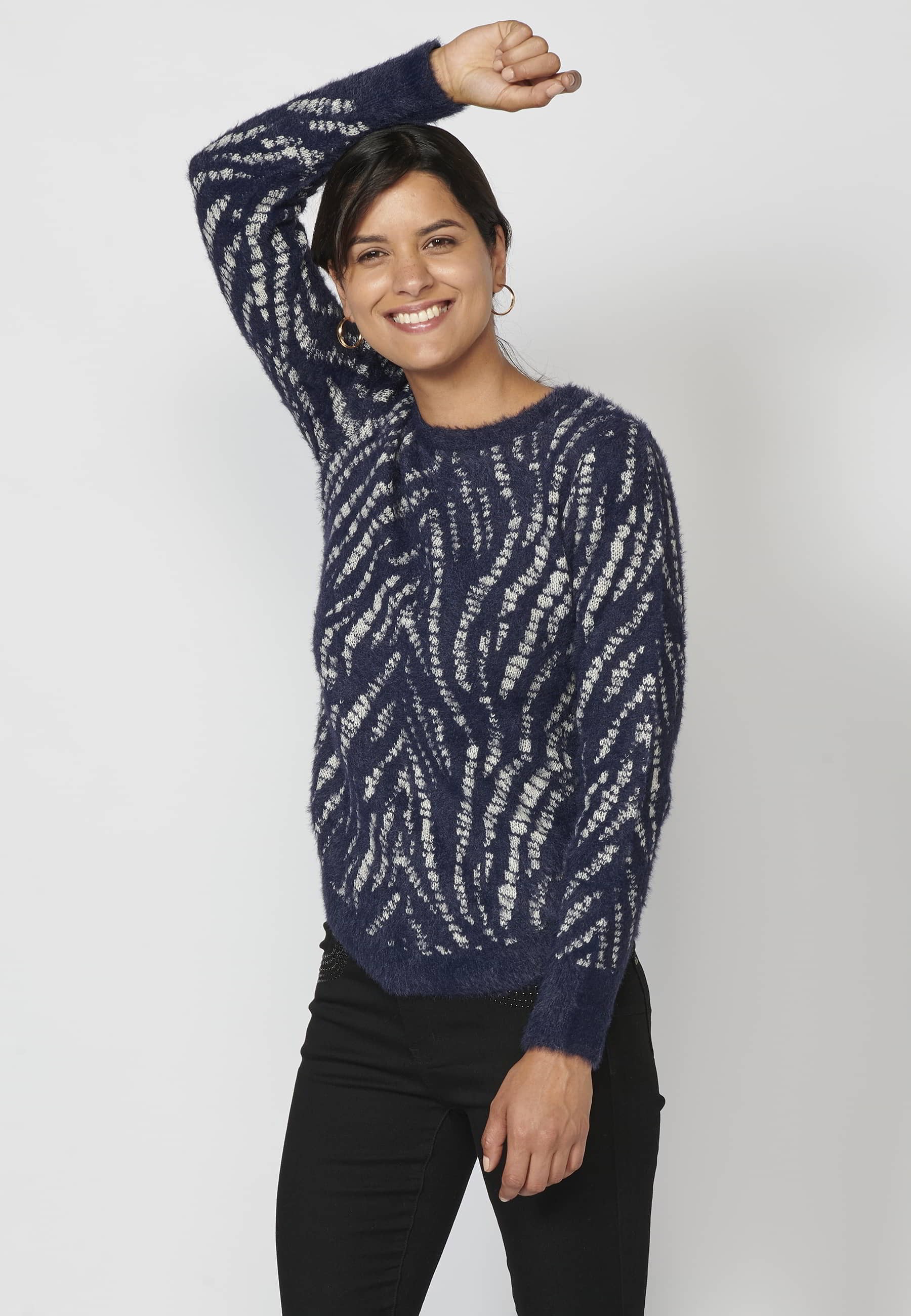 Navy long-sleeved sweater with animal print for Woman