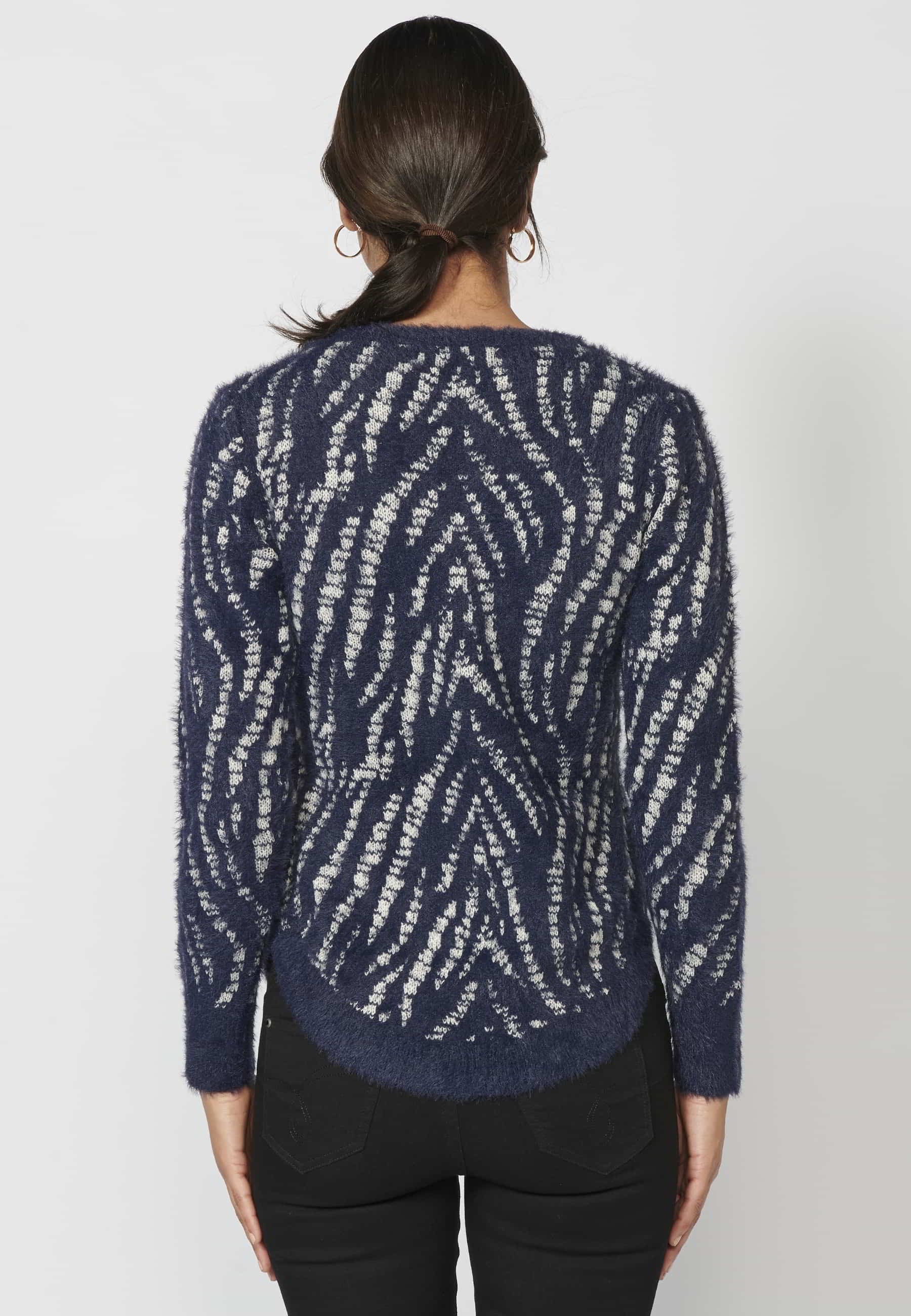 Navy long-sleeved sweater with animal print for Woman