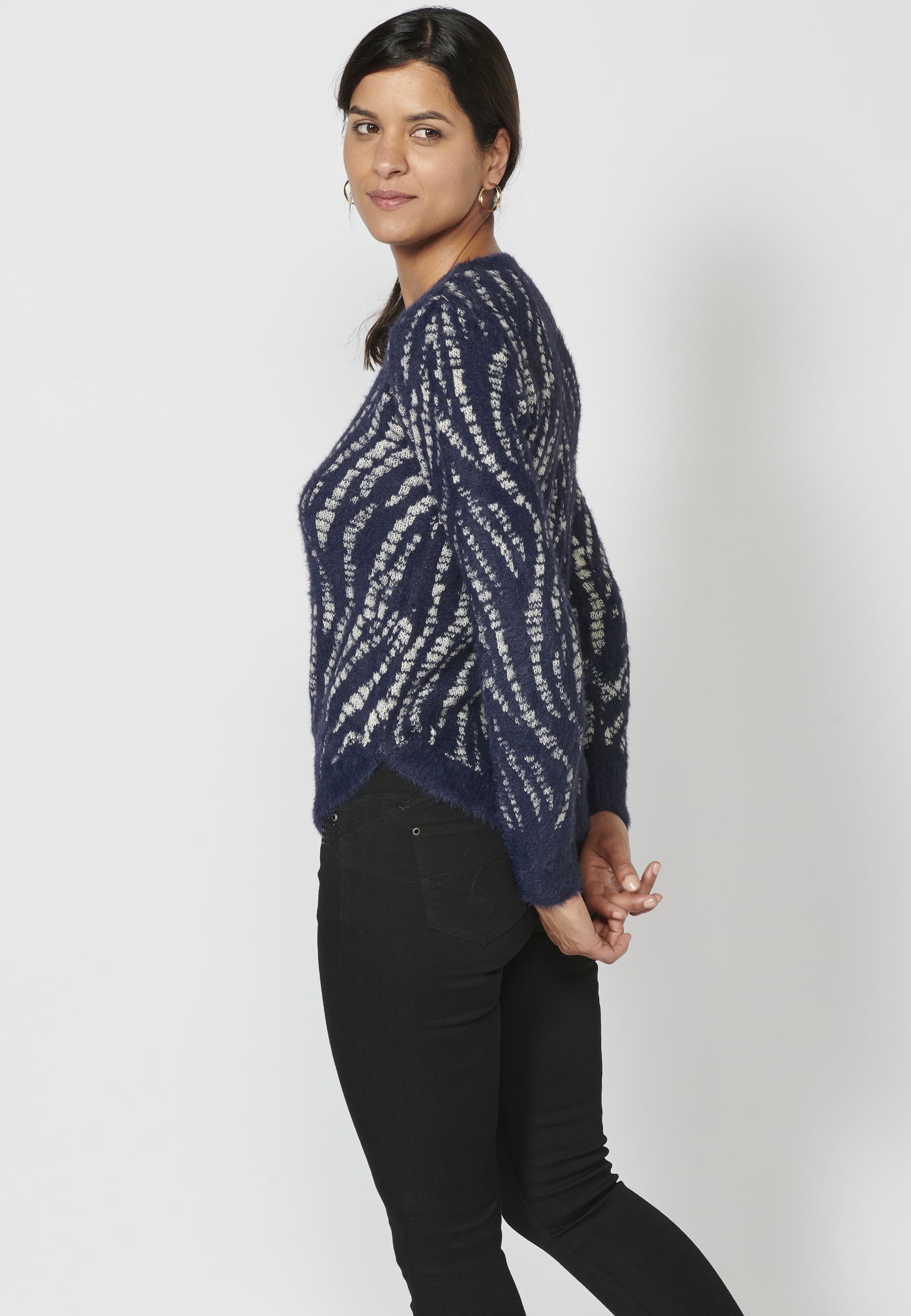 Navy long-sleeved sweater with animal print for Woman