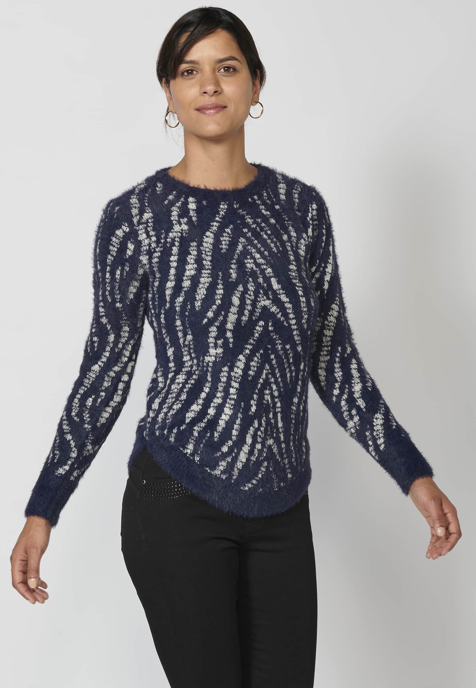 Navy long-sleeved sweater with animal print for Woman