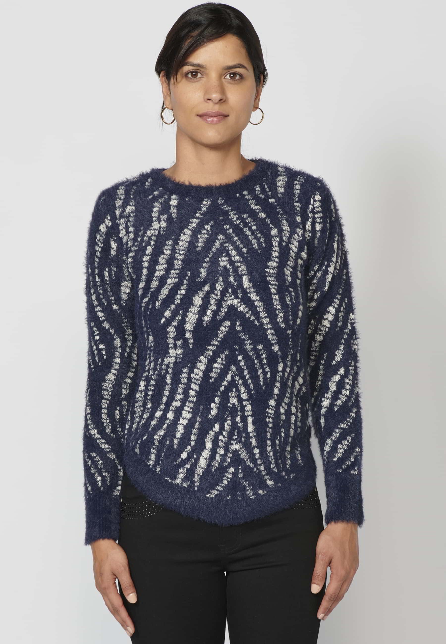 Navy long-sleeved sweater with animal print for Woman