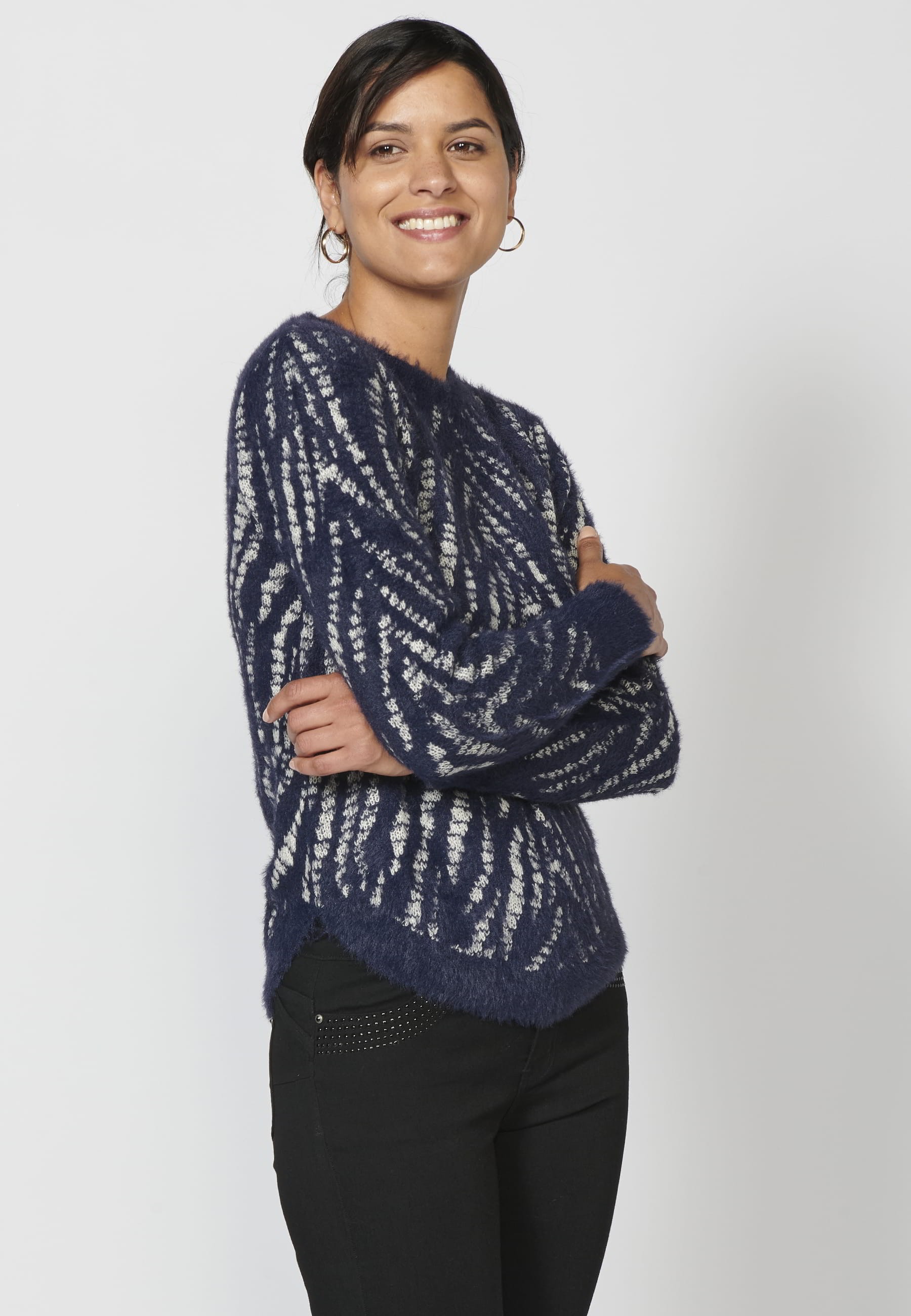 Navy long-sleeved sweater with animal print for Woman