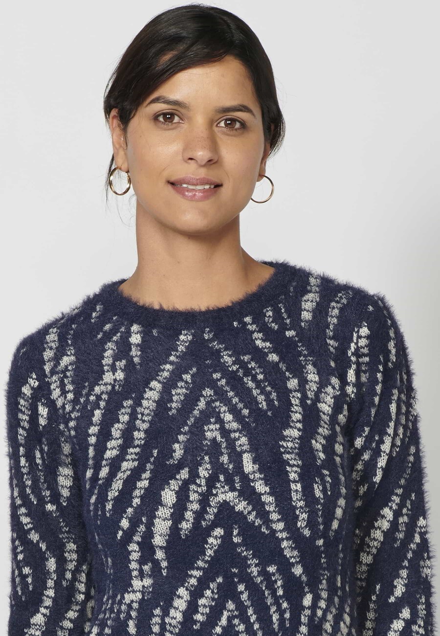 Navy long-sleeved sweater with animal print for Woman 7