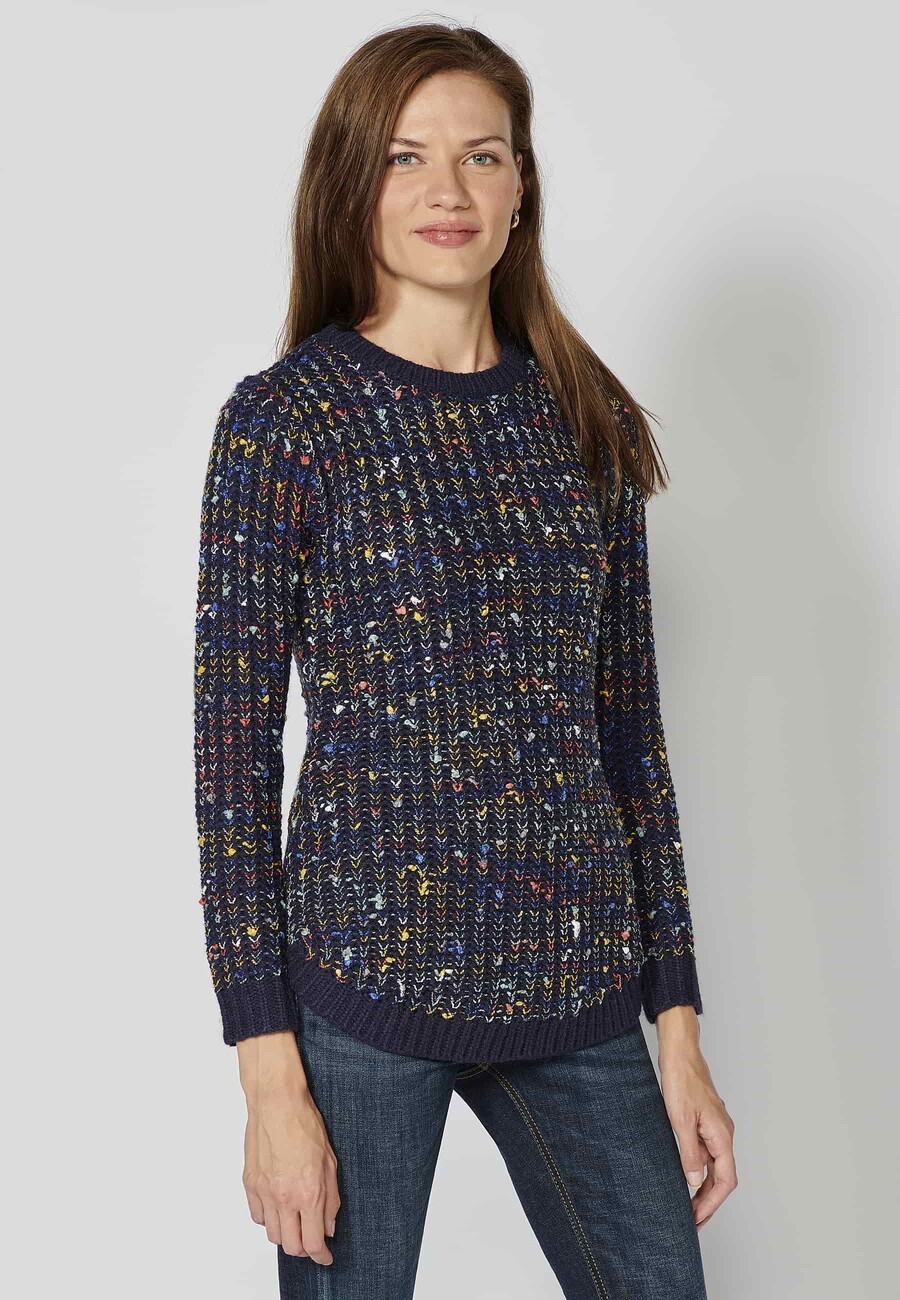 Marineblauer langärmliger Rundhalspullover aus geprägtem Trikotstoff für Damen