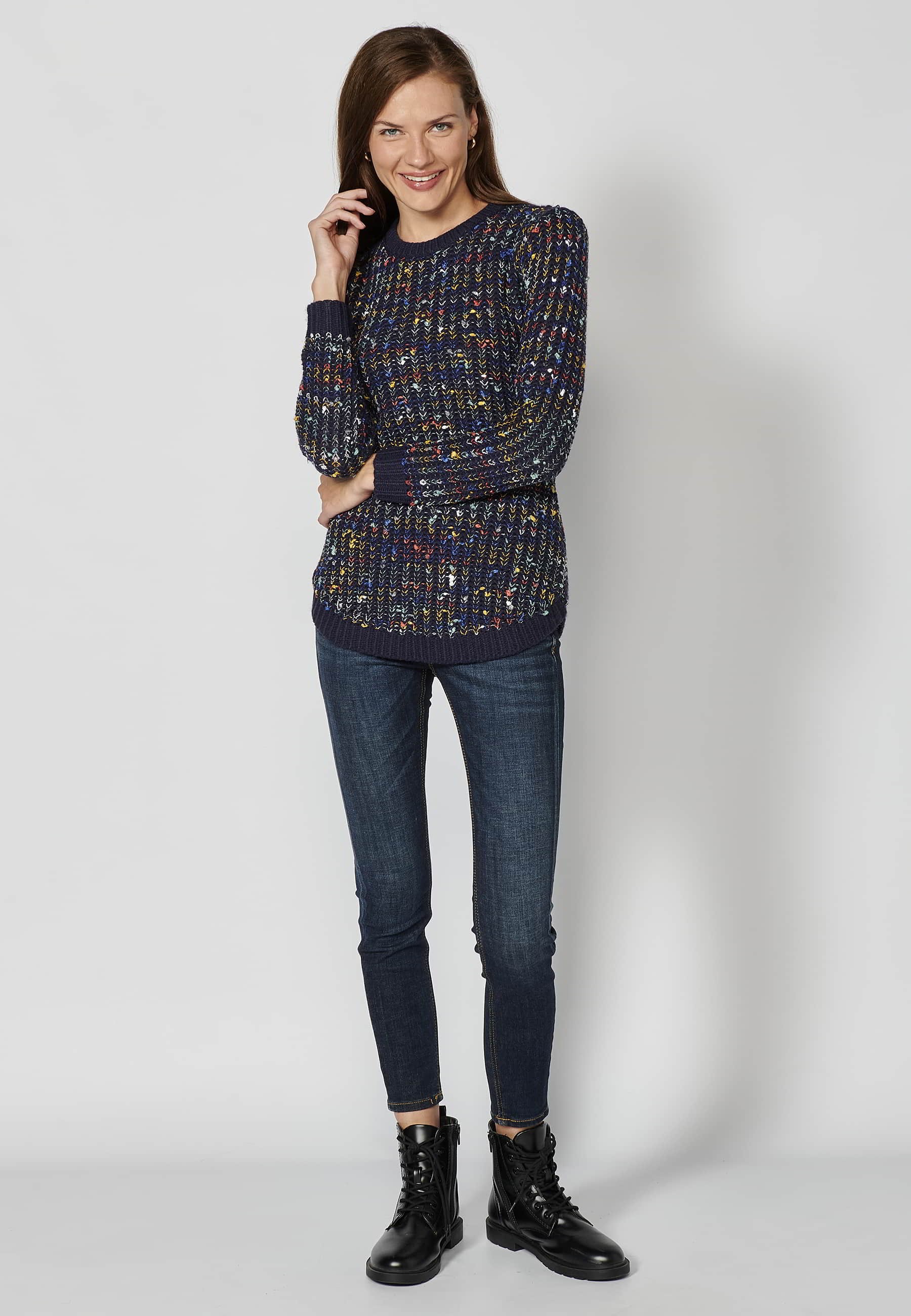 Marineblauer langärmliger Rundhalspullover aus geprägtem Trikotstoff für Damen