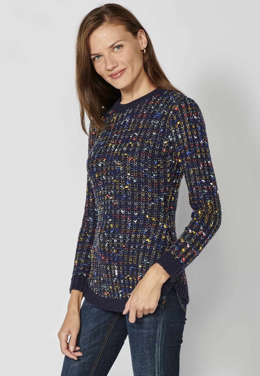 Marineblauer langärmliger Rundhalspullover aus geprägtem Trikotstoff für Damen 8