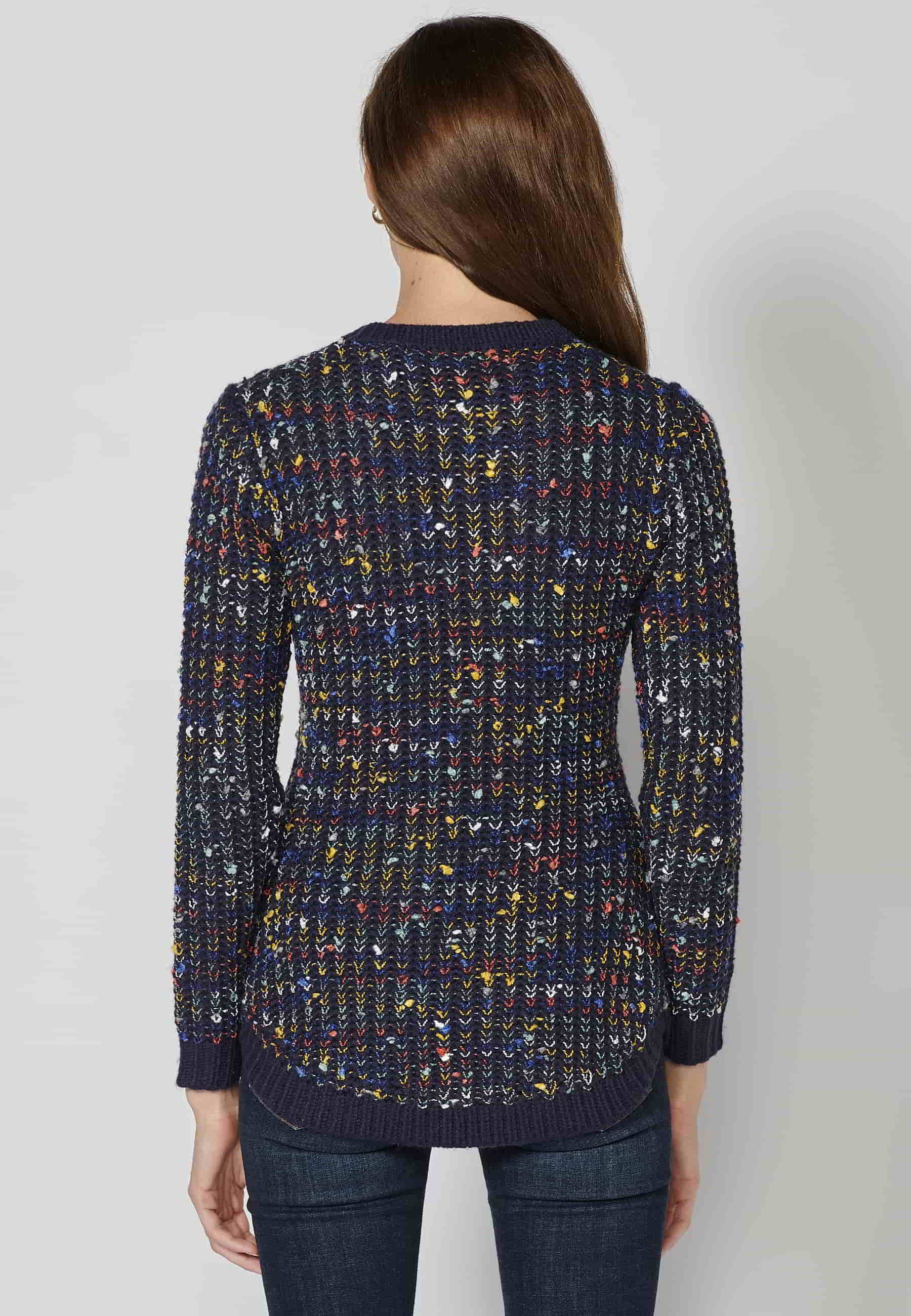 Marineblauer langärmliger Rundhalspullover aus geprägtem Trikotstoff für Damen