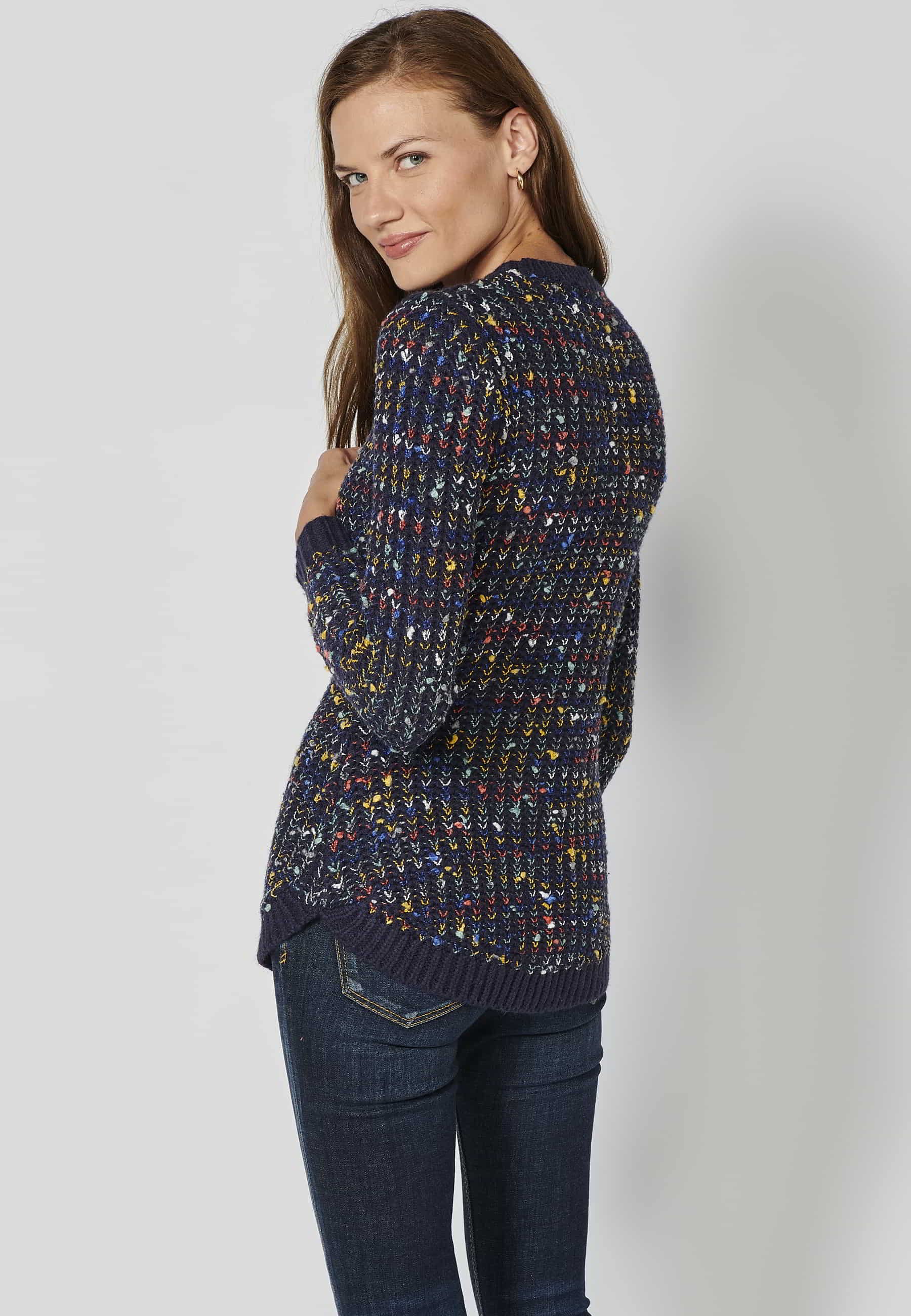 Marineblauer langärmliger Rundhalspullover aus geprägtem Trikotstoff für Damen