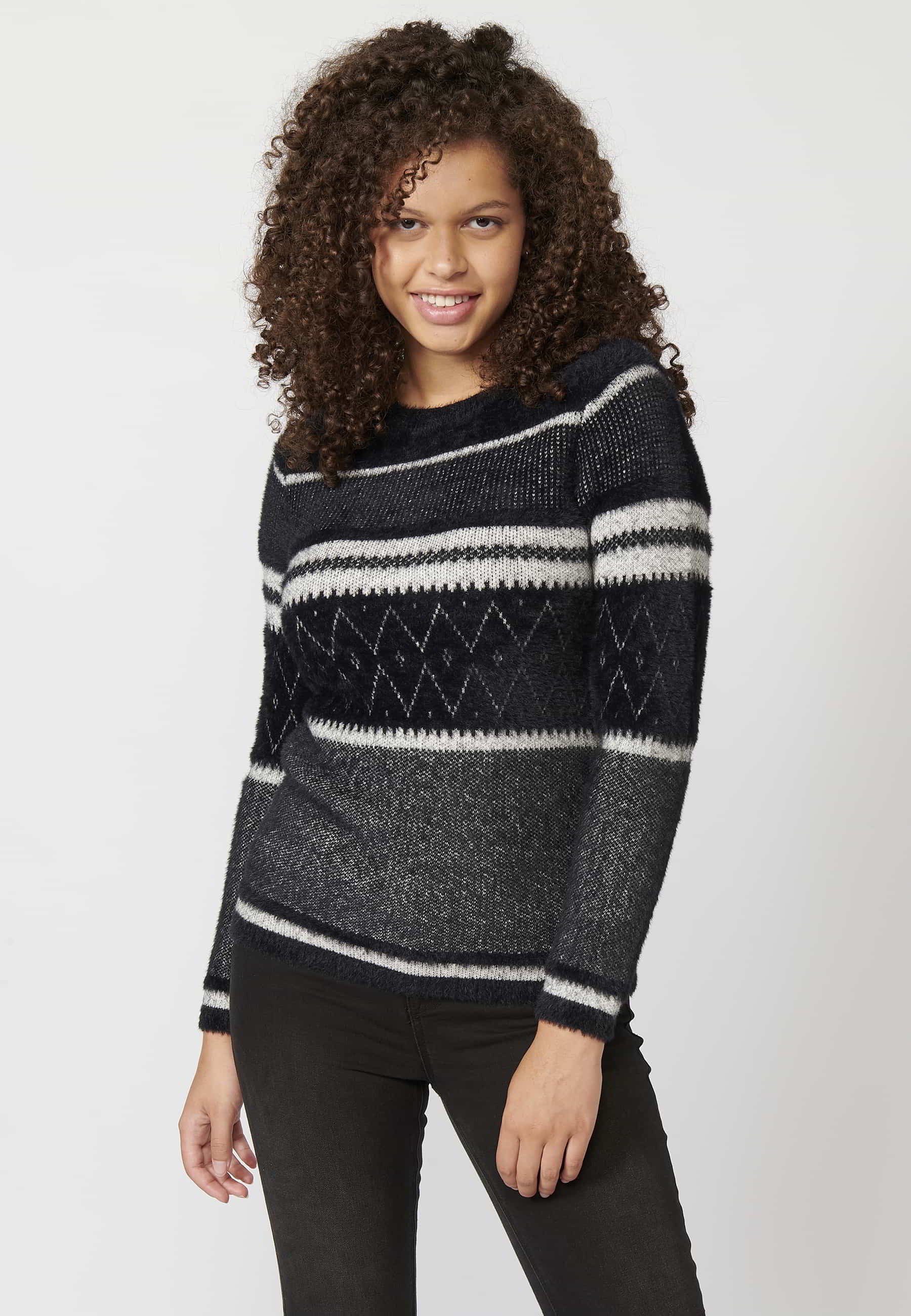 Jersei de punt de màniga llarga coll rodó a ratlles color Negre per a Dona