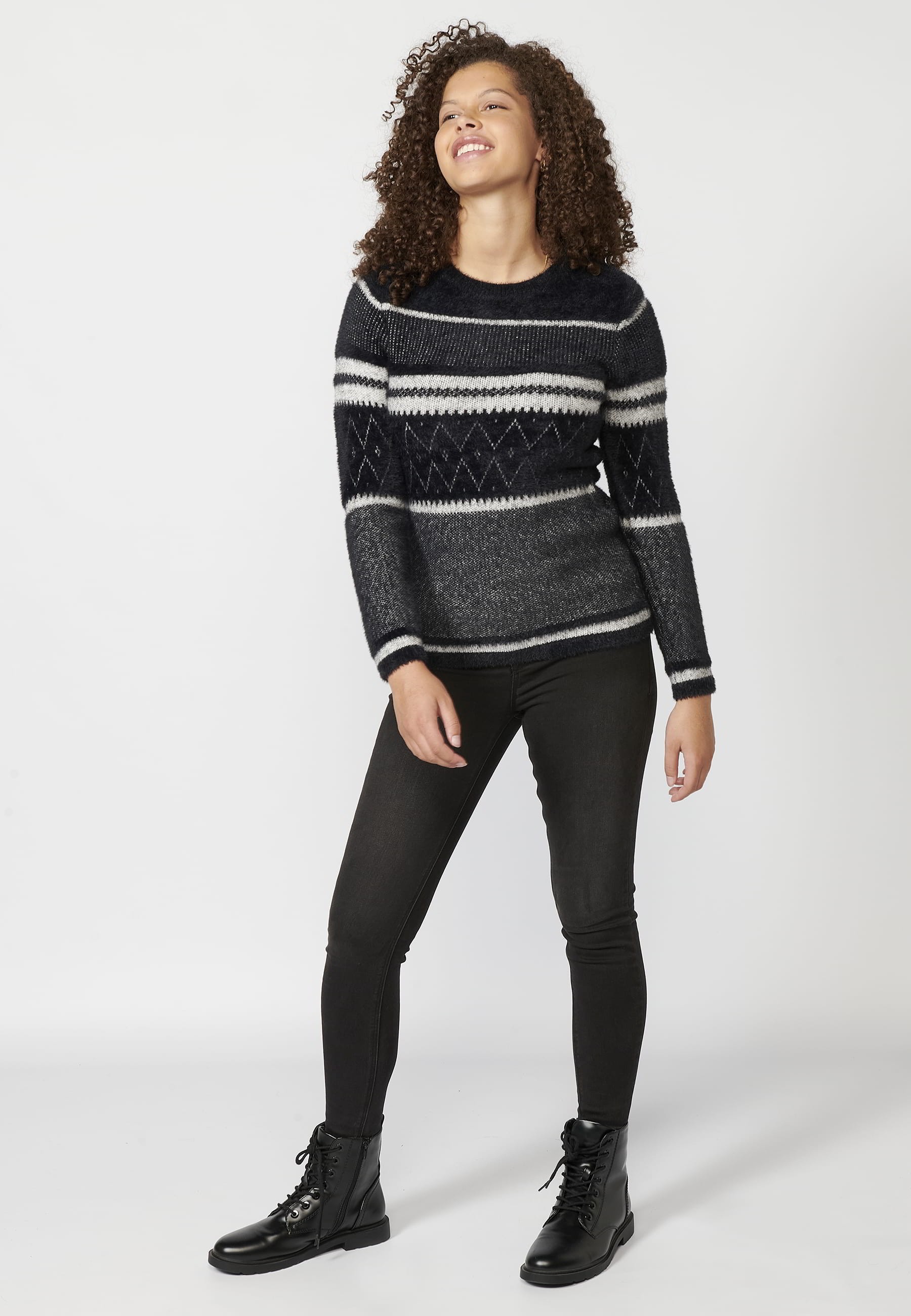 Jersei de punt de màniga llarga coll rodó a ratlles color Negre per a Dona