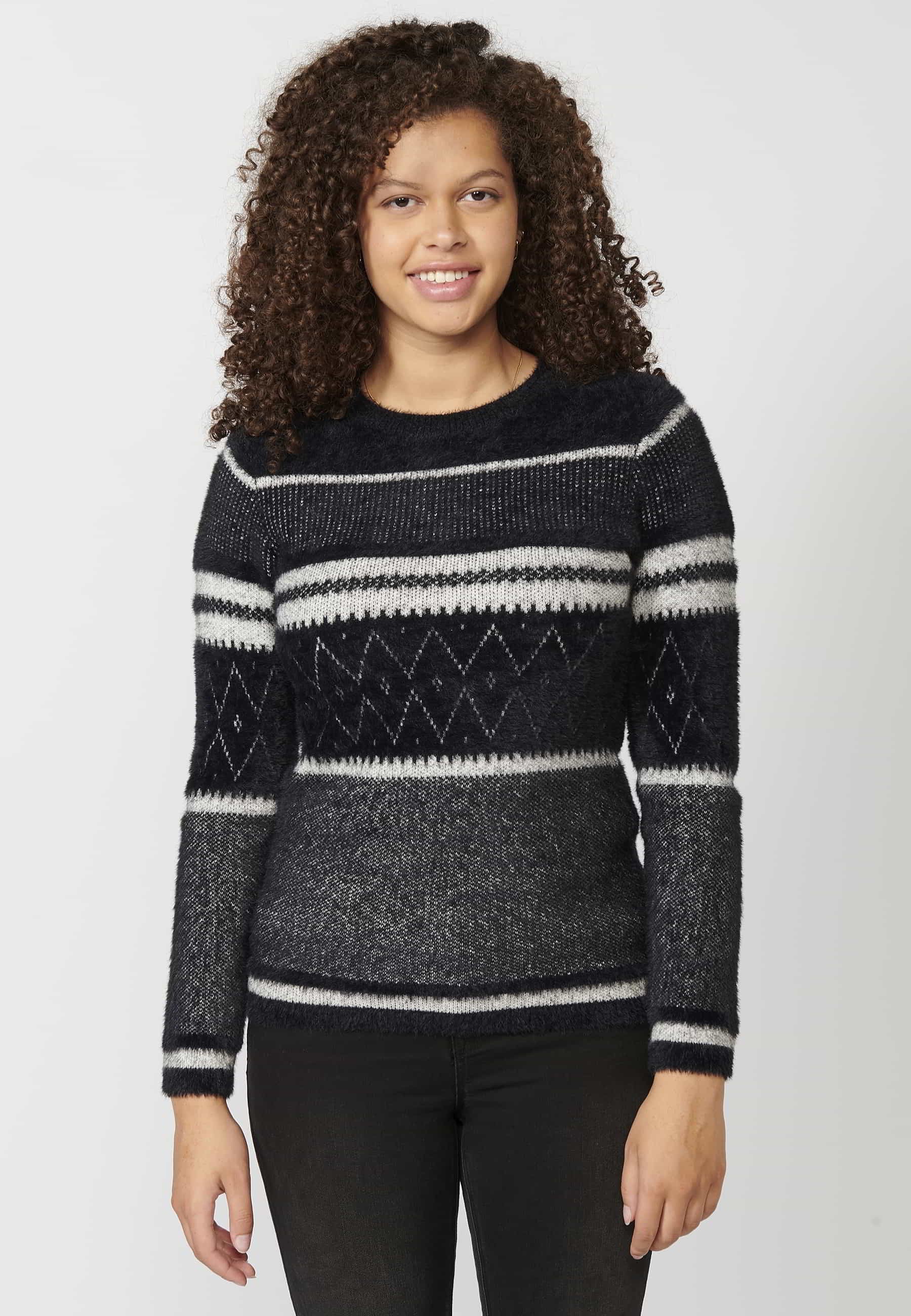 Jersei de punt de màniga llarga coll rodó a ratlles color Negre per a Dona