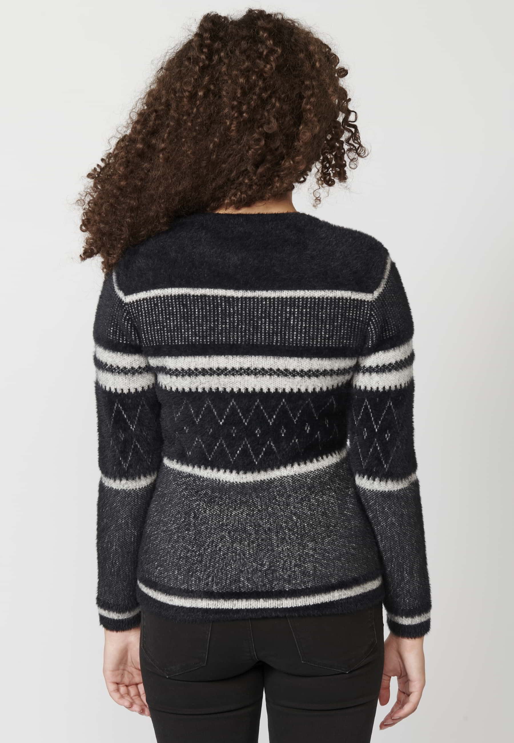 Jersei de punt de màniga llarga coll rodó a ratlles color Negre per a Dona