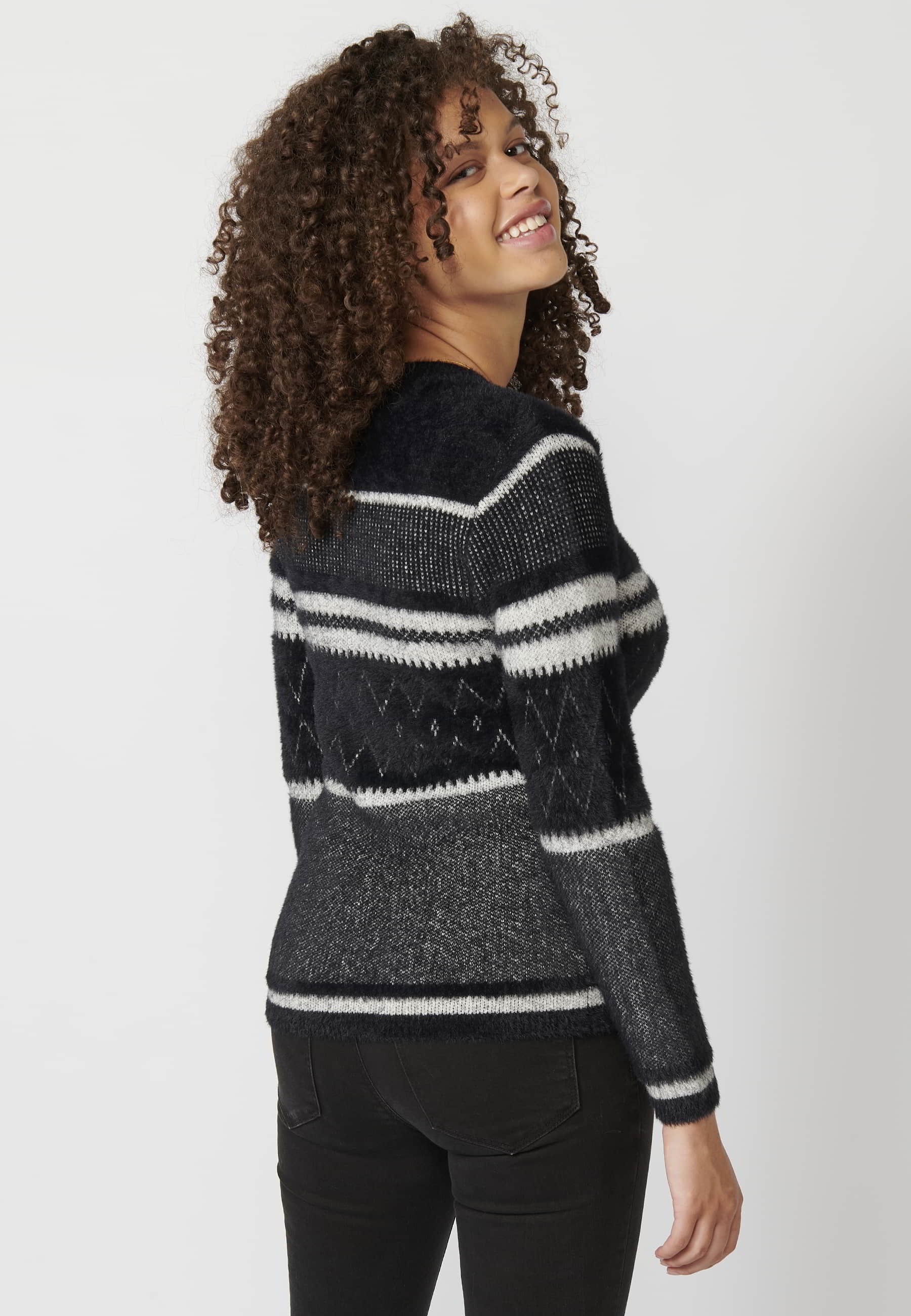 Jersei de punt de màniga llarga coll rodó a ratlles color Negre per a Dona