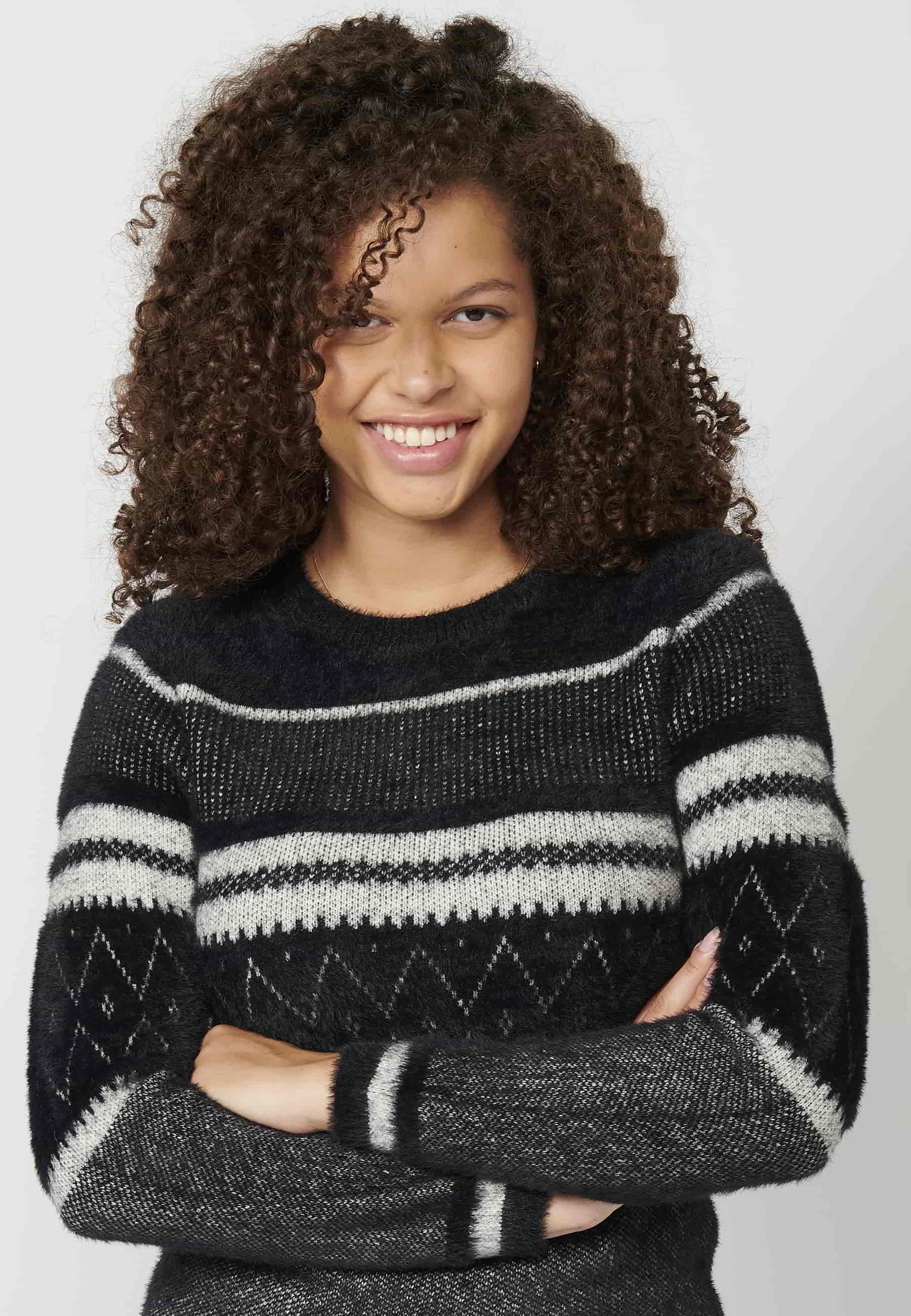 Jersei de punt de màniga llarga coll rodó a ratlles color Negre per a Dona