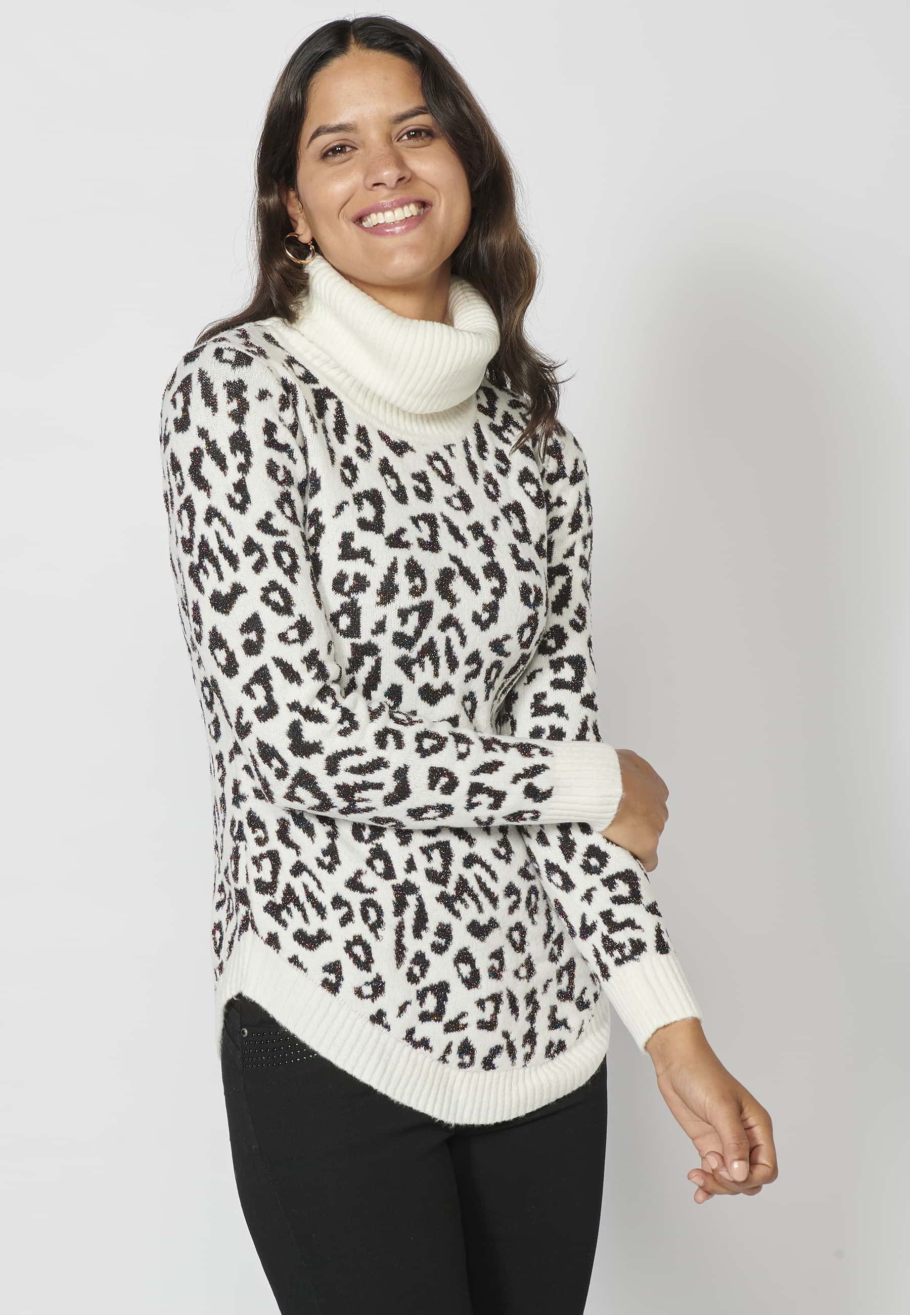 Pull col roulé manches longues avec revers et imprimé animalier Couleur Ecru pour Femme