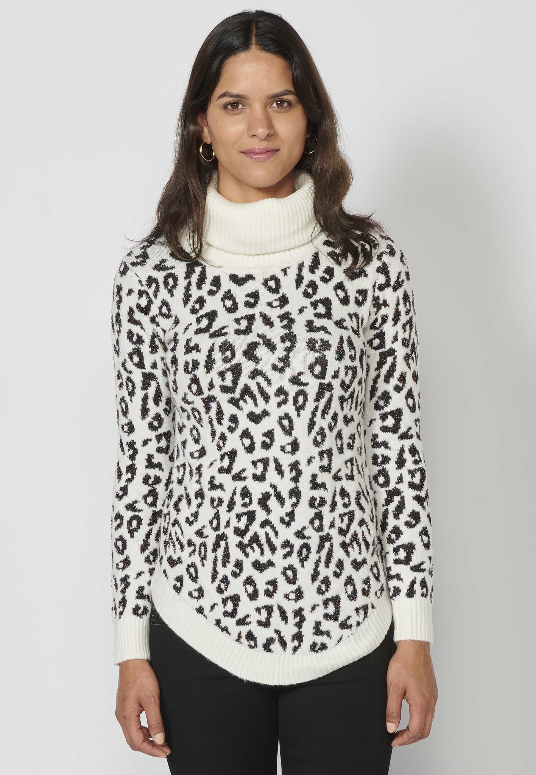 Pull col roulé manches longues avec revers et imprimé animalier Couleur Ecru pour Femme