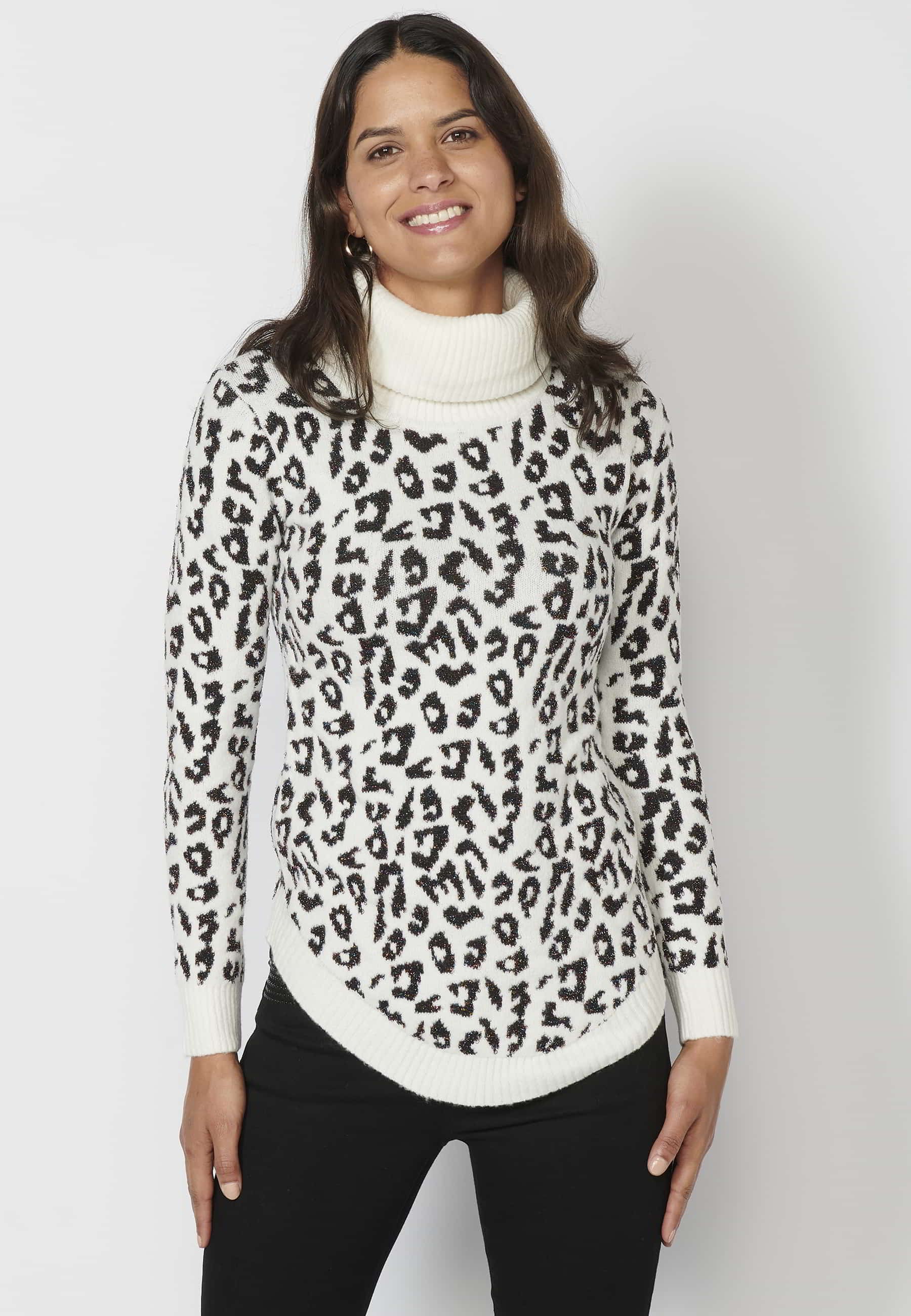 Pull col roulé manches longues avec revers et imprimé animalier Couleur Ecru pour Femme