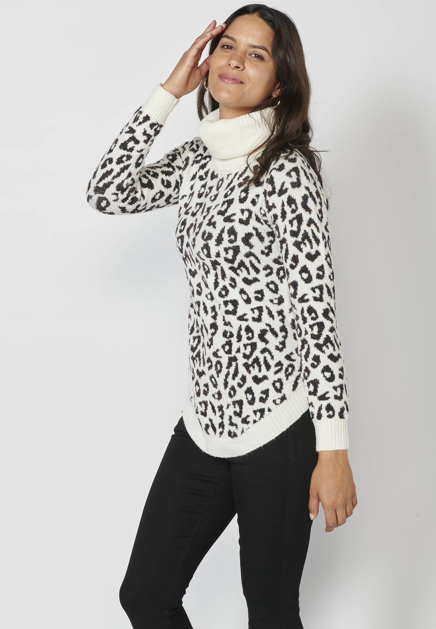 Pull col roulé manches longues avec revers et imprimé animalier Couleur Ecru pour Femme