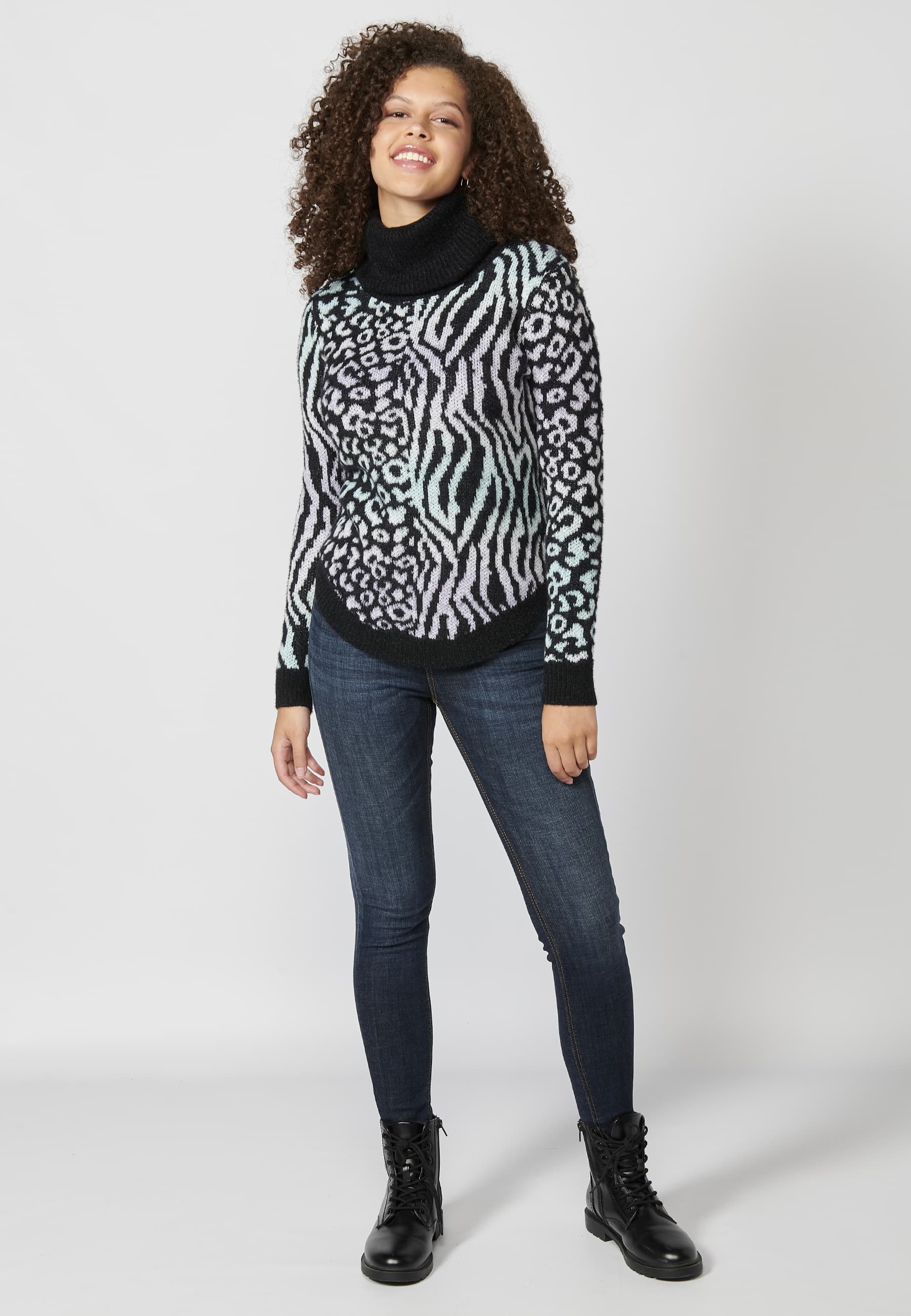 Long-sleeved high-neck sweater with contrasting animal print in Black for Women