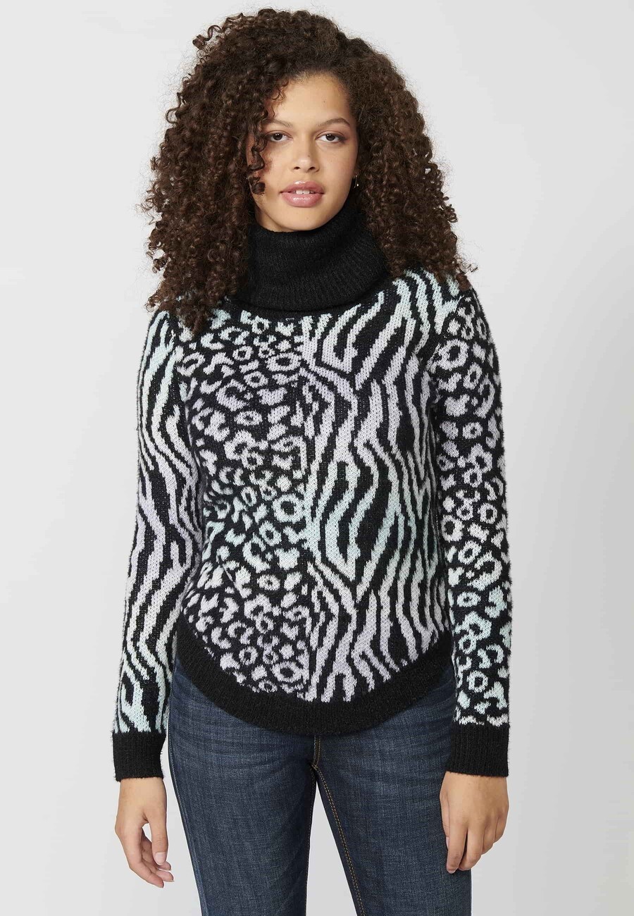 Long-sleeved high-neck sweater with contrasting animal print in Black for Women 6