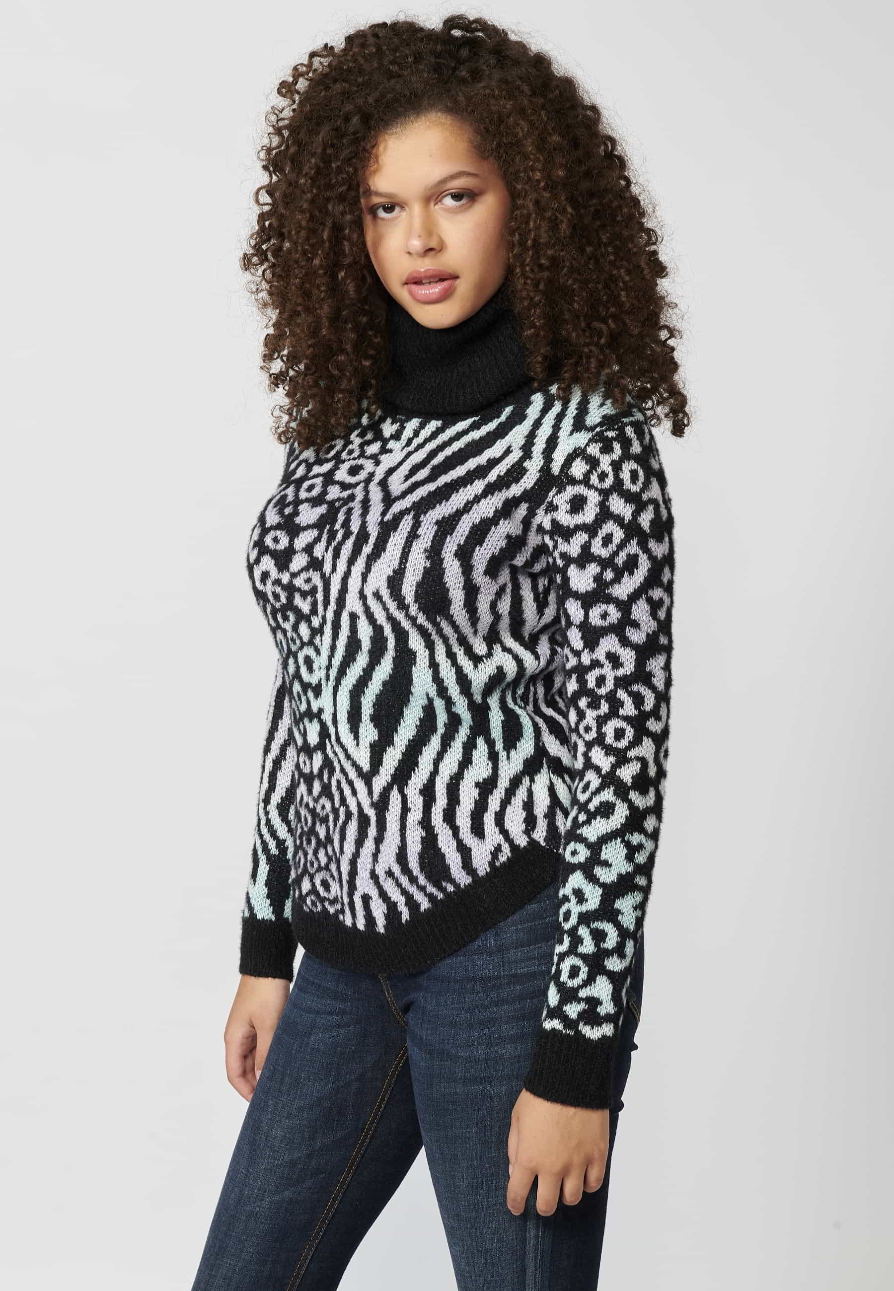 Long-sleeved high-neck sweater with contrasting animal print in Black for Women