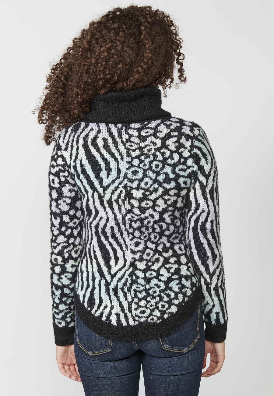 Long-sleeved high-neck sweater with contrasting animal print in Black for Women 7