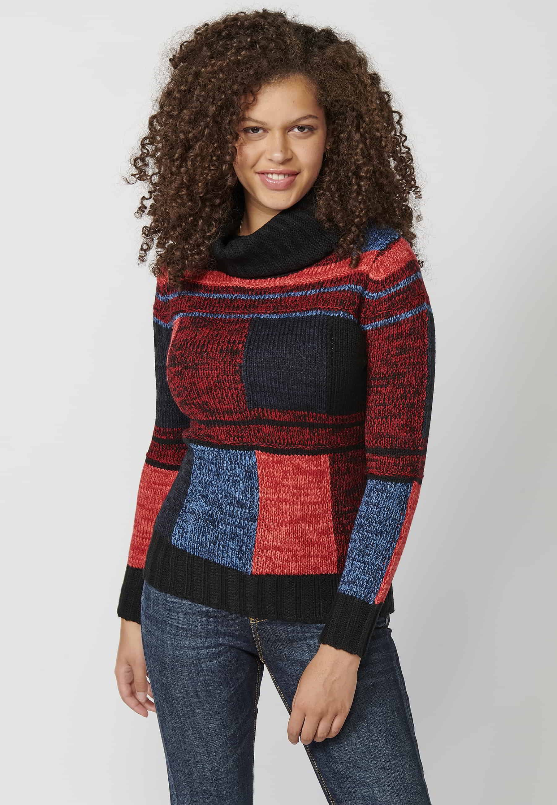 Jersey de manga larga tricot a cuadros desiguales de cuello alto color multicolor para mujer | Moda Actual