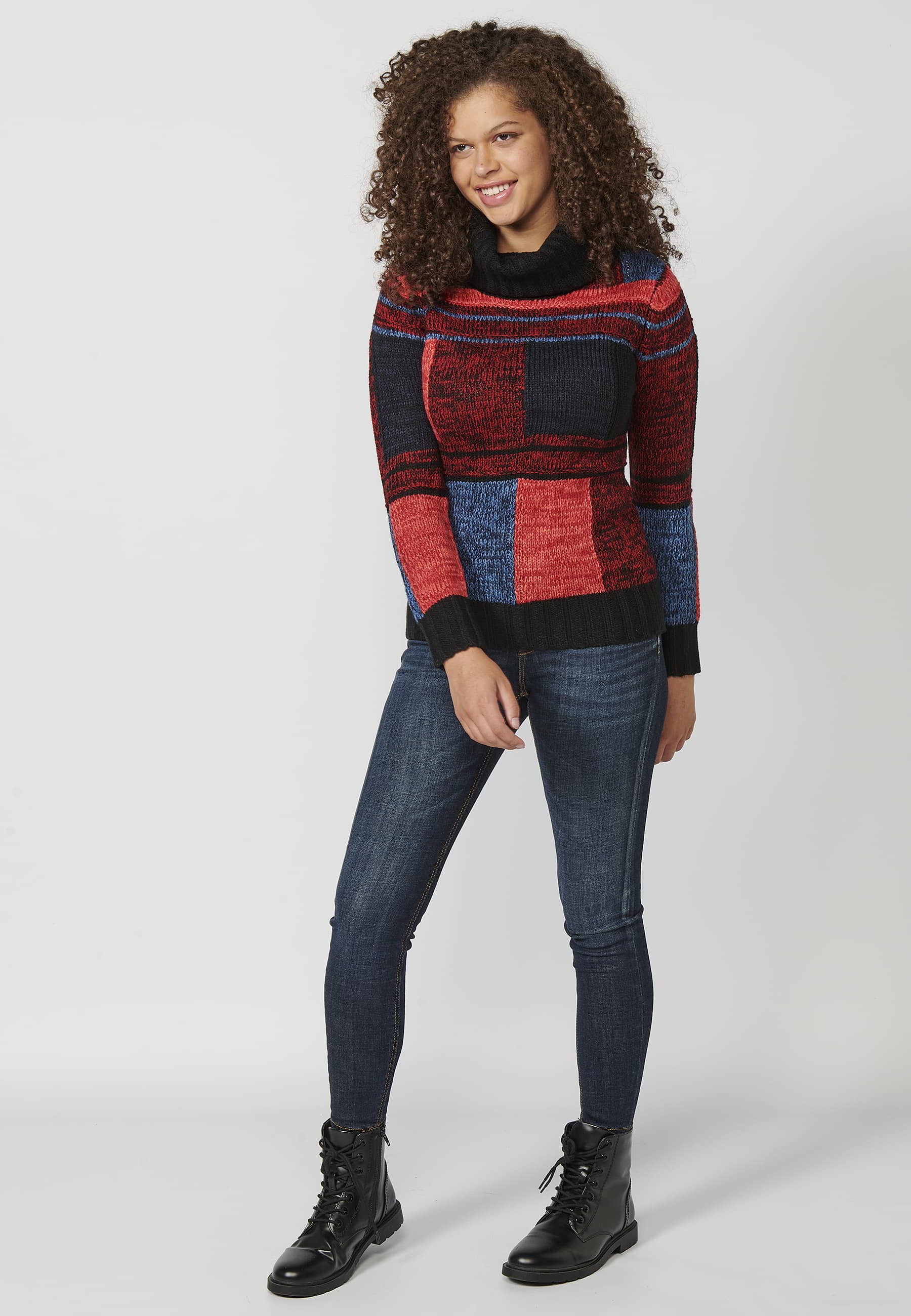 Jersey de manga larga tricot a cuadros desiguales de cuello alto color multicolor para mujer | Moda Actual