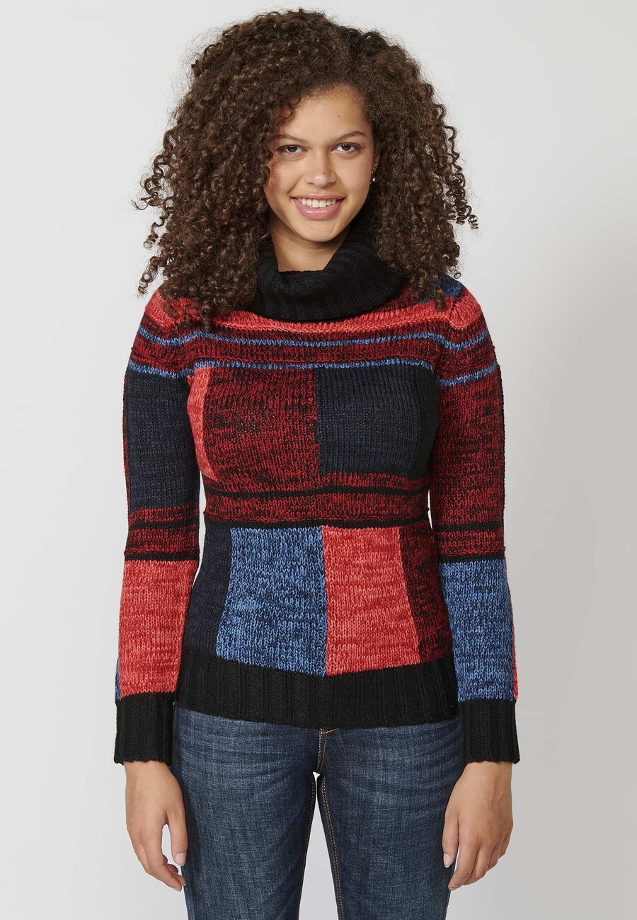 Jersey de manga larga tricot a cuadros desiguales de cuello alto color multicolor para mujer | Moda Actual 5