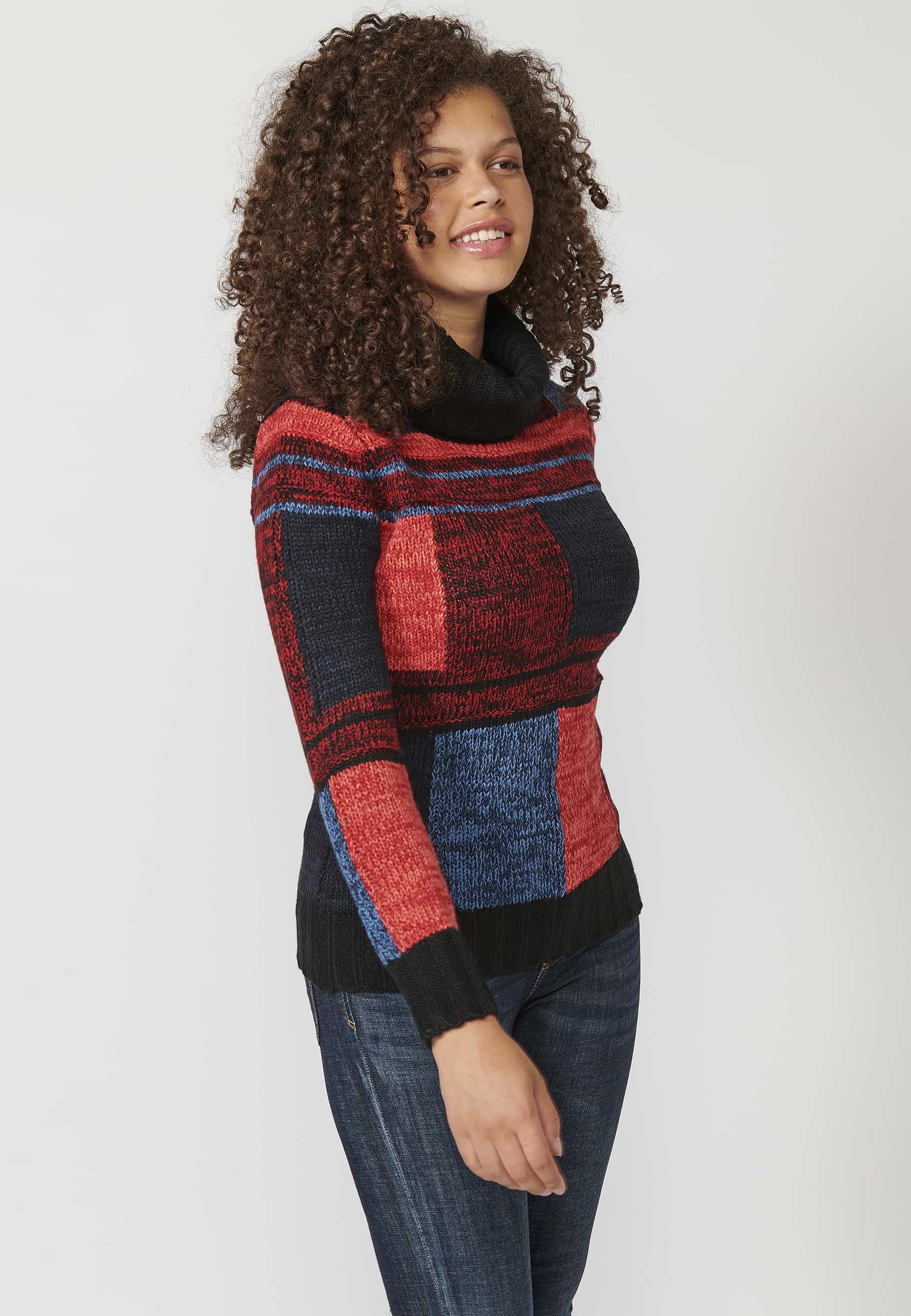 Jersey de manga larga tricot a cuadros desiguales de cuello alto color multicolor para mujer | Moda Actual