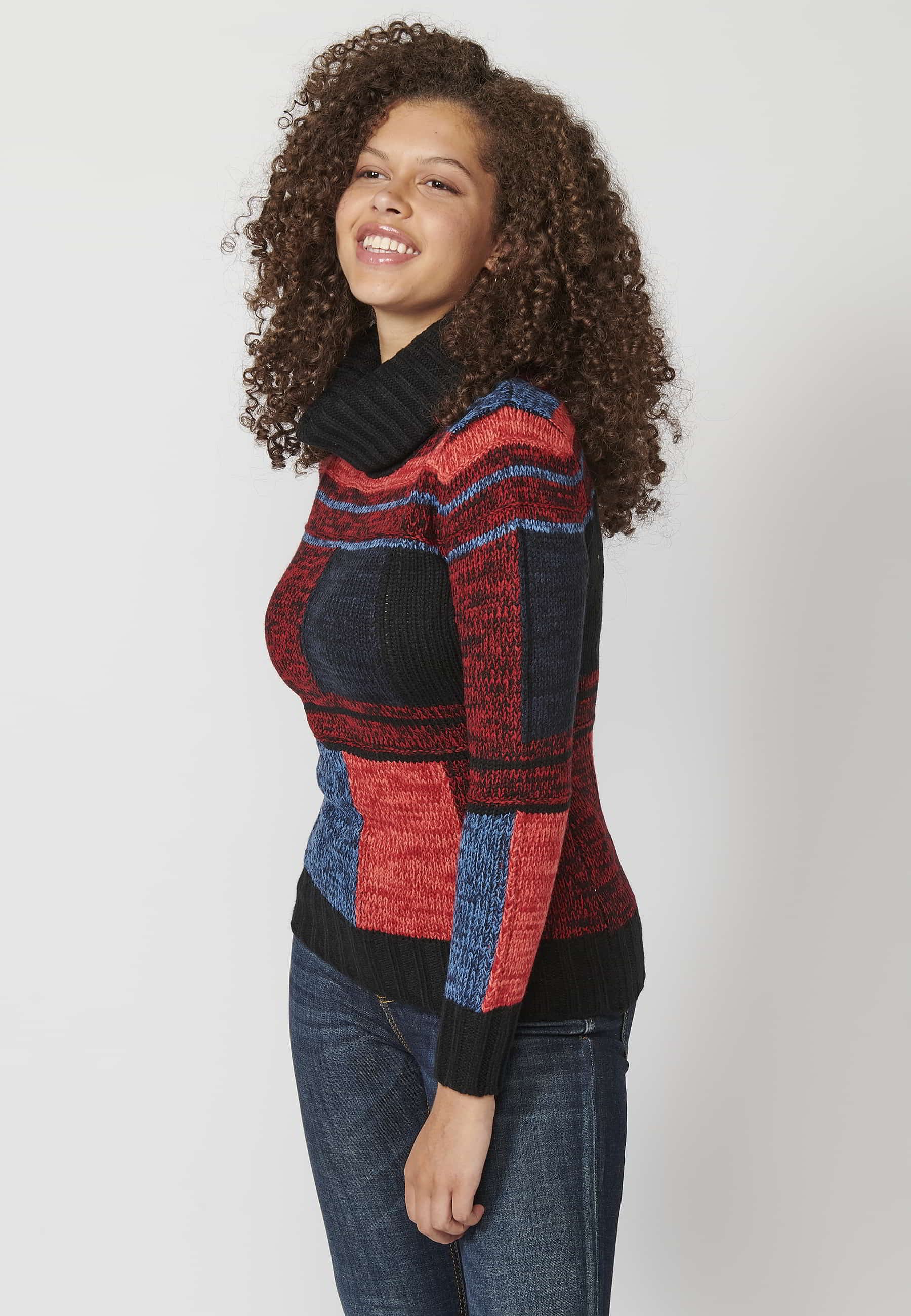 Jersey de manga larga tricot a cuadros desiguales de cuello alto color multicolor para mujer | Moda Actual