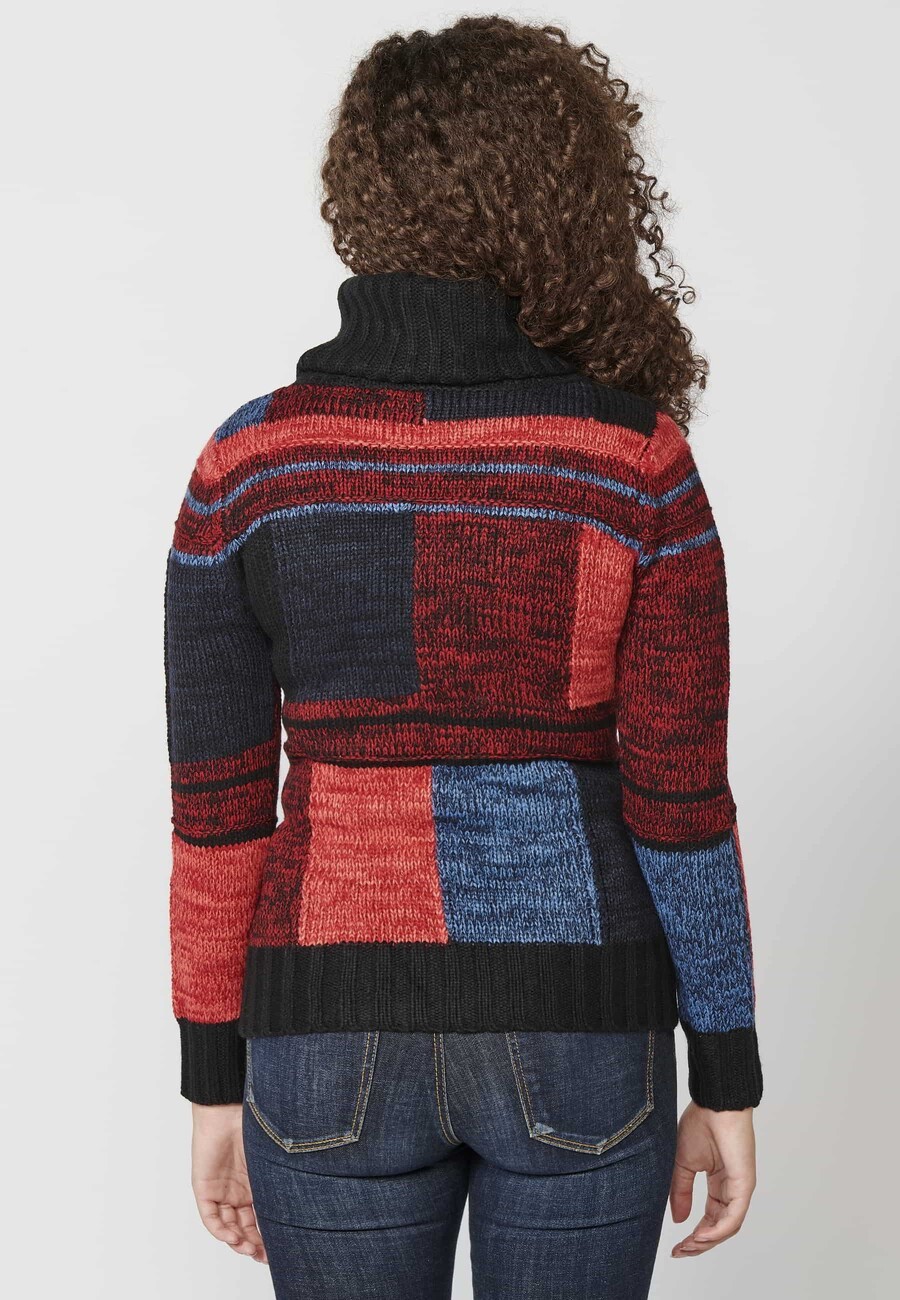 Jersey de manga larga tricot a cuadros desiguales de cuello alto color multicolor para mujer | Moda Actual 7