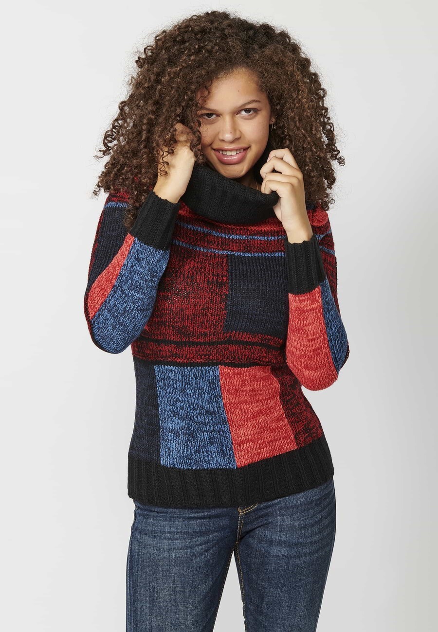 Jersey de manga larga tricot a cuadros desiguales de cuello alto color multicolor para mujer | Moda Actual 6