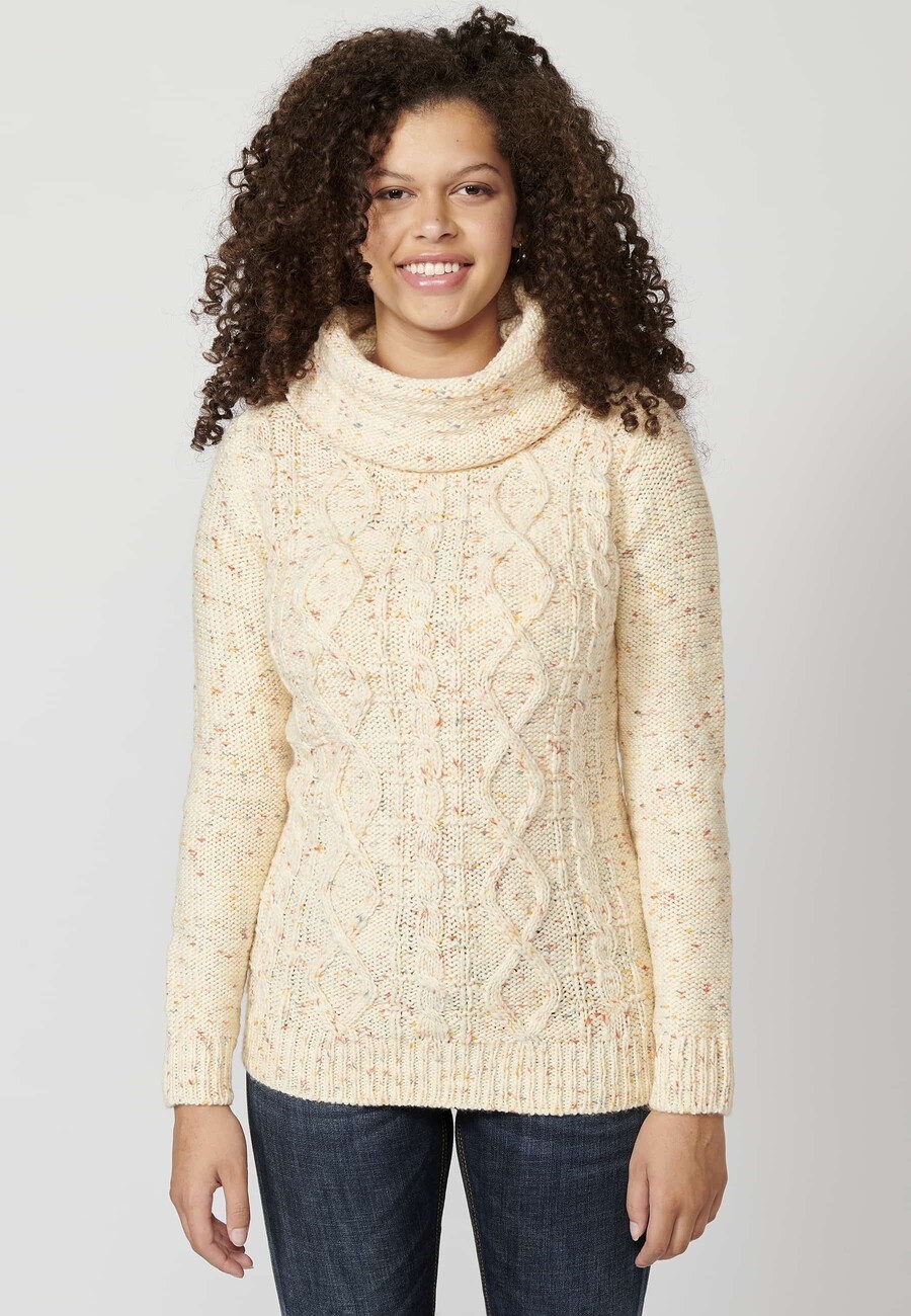 Pull ample à manches longues et col roulé pour femme, écru, tressé sur le devant 7