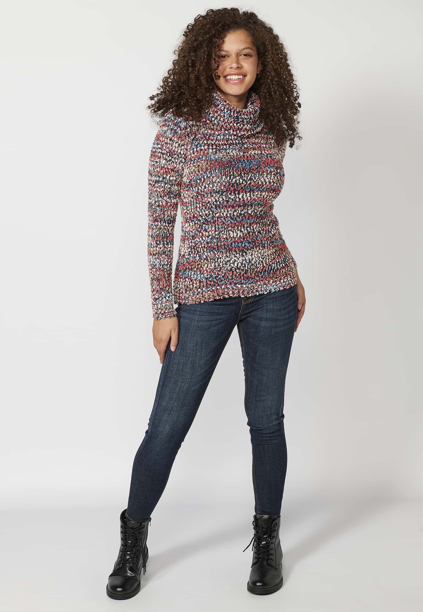 Jersey de punto de manga larga cuello alto acabado en vuelta jaspeado color multicolor para mujer | Moda Actual
