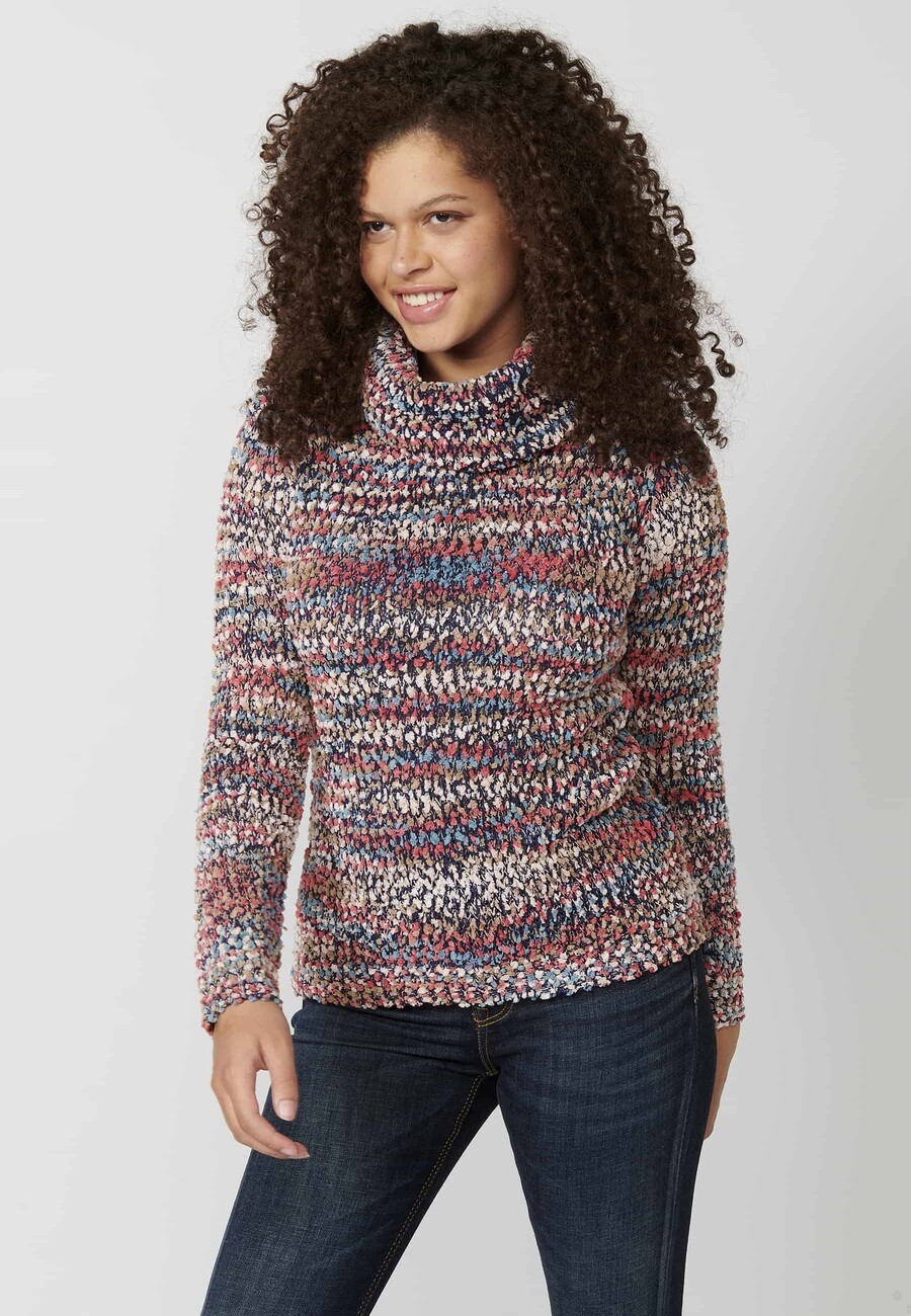 Jersey de punto de manga larga cuello alto acabado en vuelta jaspeado color multicolor para mujer | Moda Actual 2