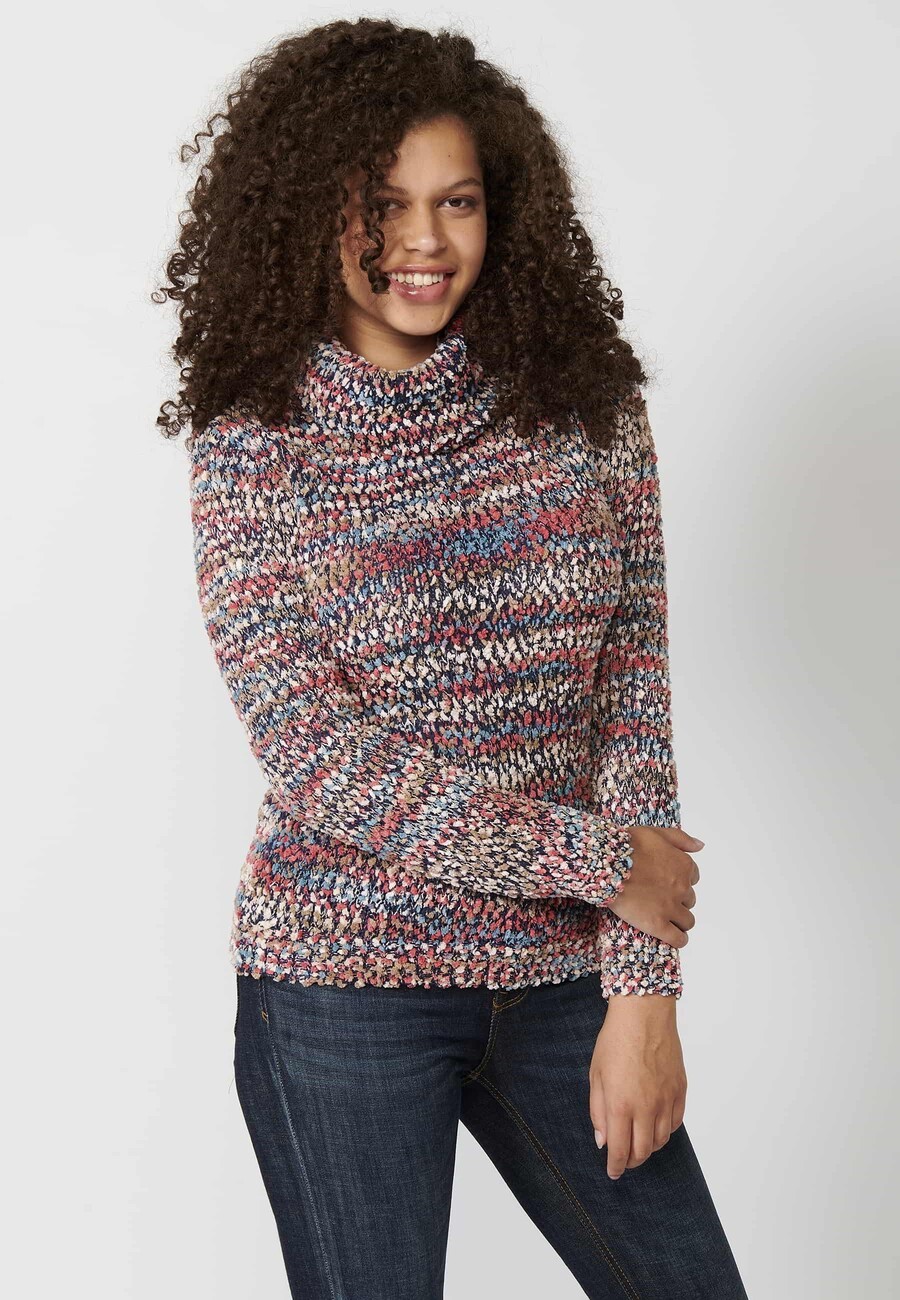 Jersey de punto de manga larga cuello alto acabado en vuelta jaspeado color multicolor para mujer | Moda Actual 3