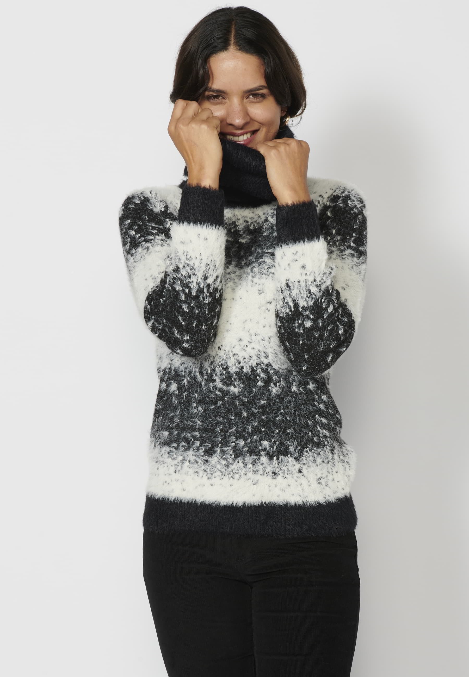 Jersei de màniga llarga jaspiat de coll tornat color Negre per a Dona