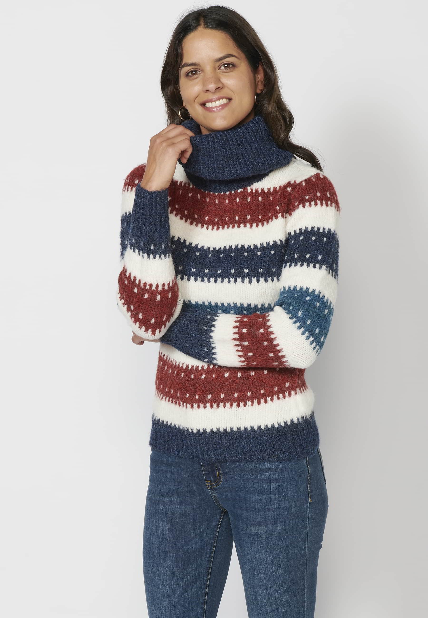Long-sleeved knit sweater with a striped turn-up collar in Navy for Women