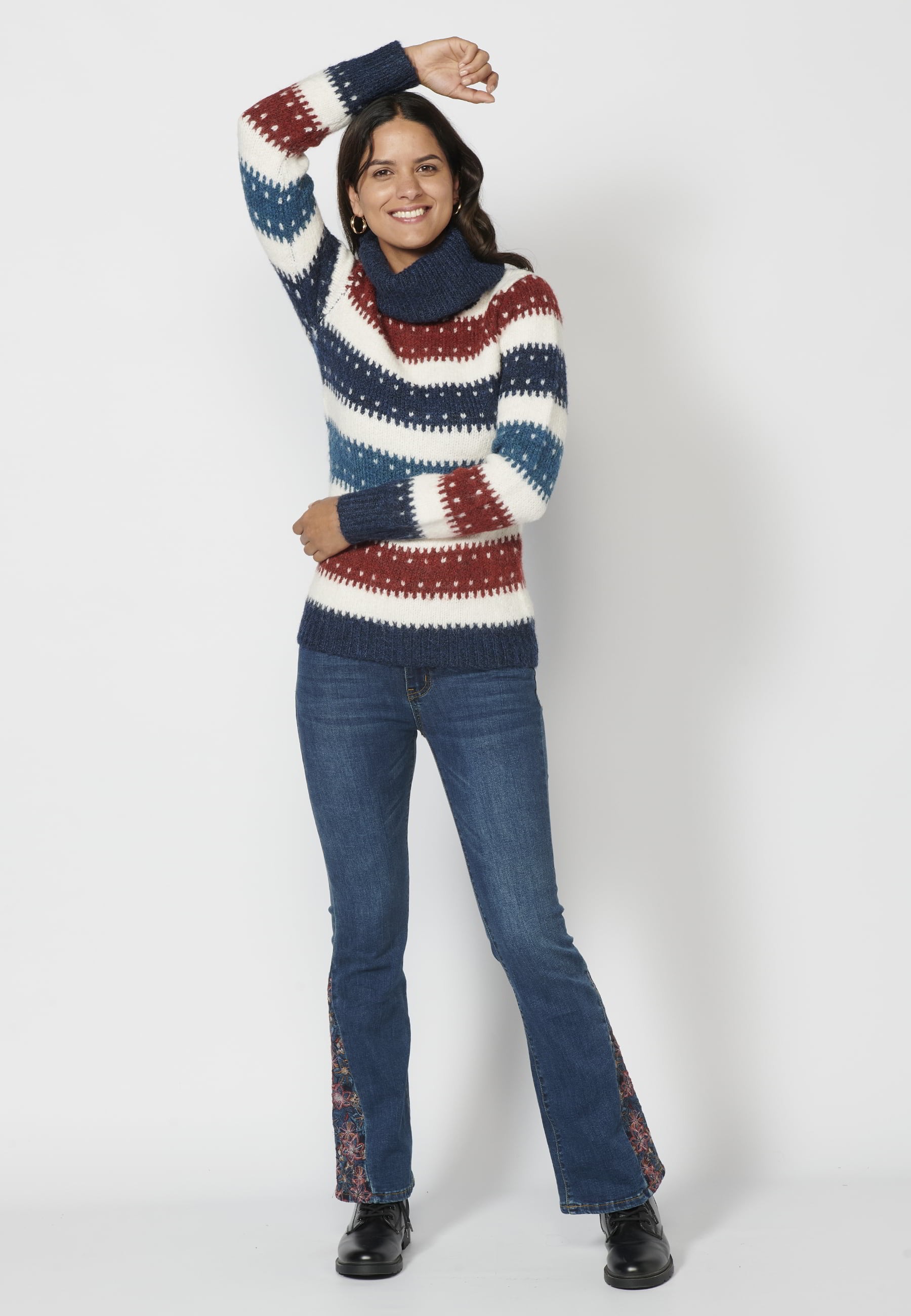 Long-sleeved knit sweater with a striped turn-up collar in Navy for Women