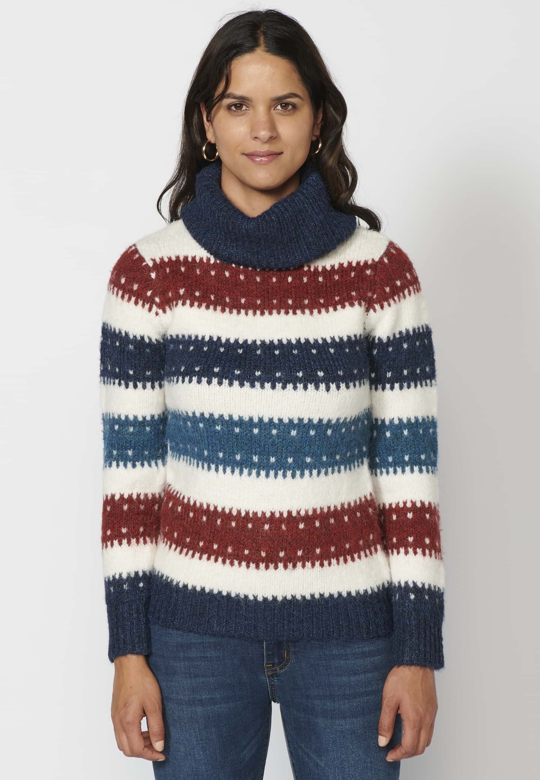 Long-sleeved knit sweater with a striped turn-up collar in Navy for Women