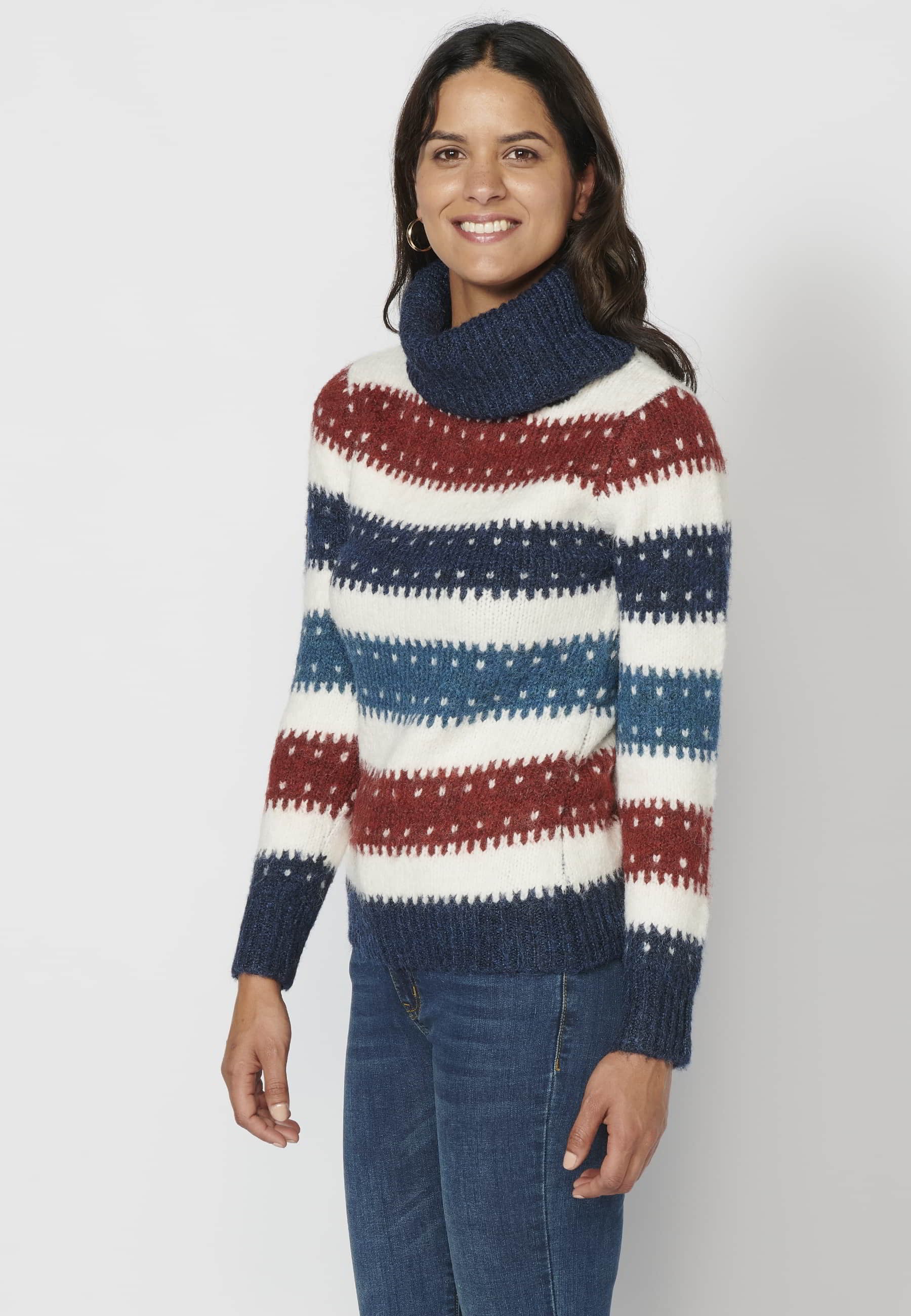 Long-sleeved knit sweater with a striped turn-up collar in Navy for Women