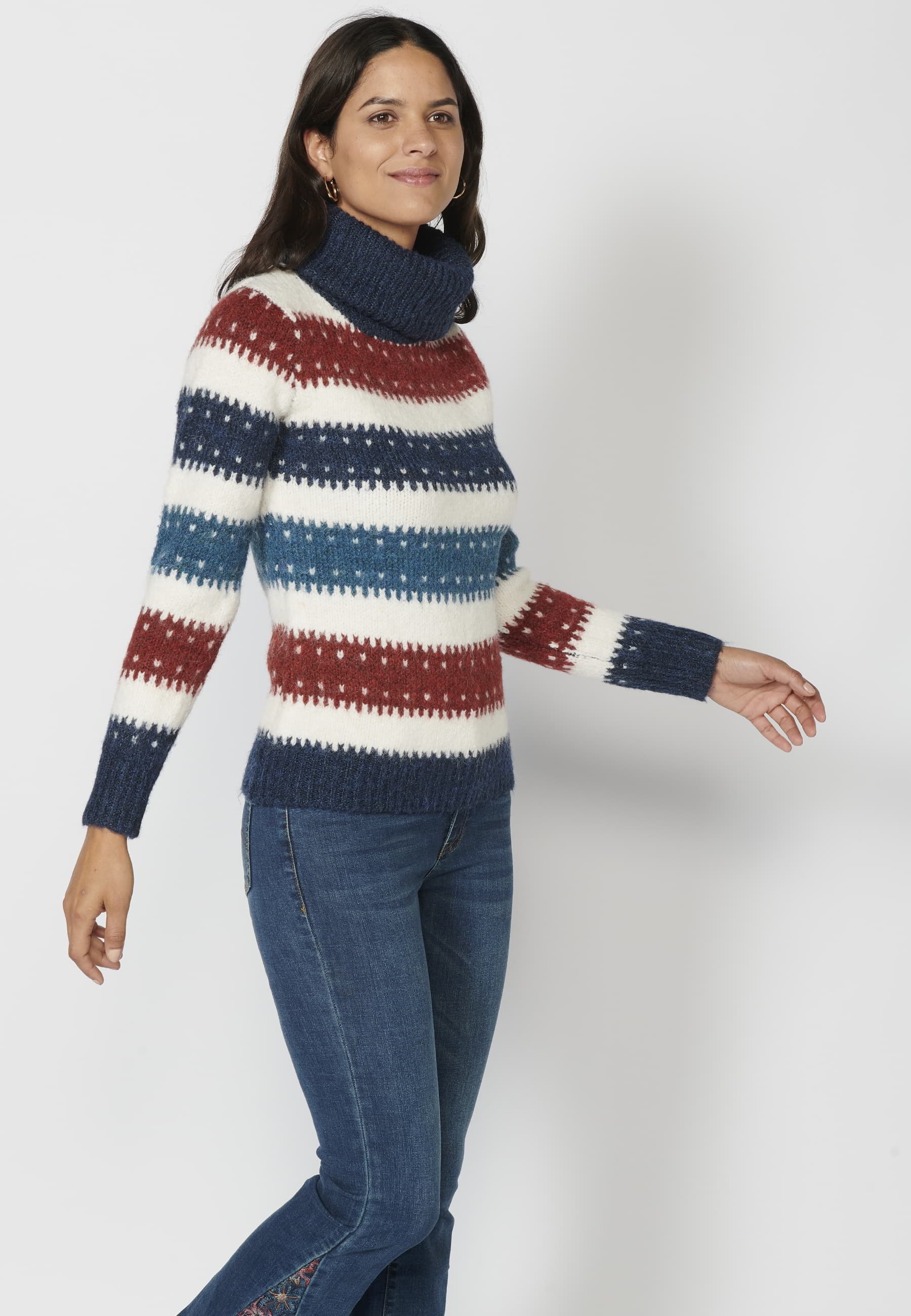 Long-sleeved knit sweater with a striped turn-up collar in Navy for Women