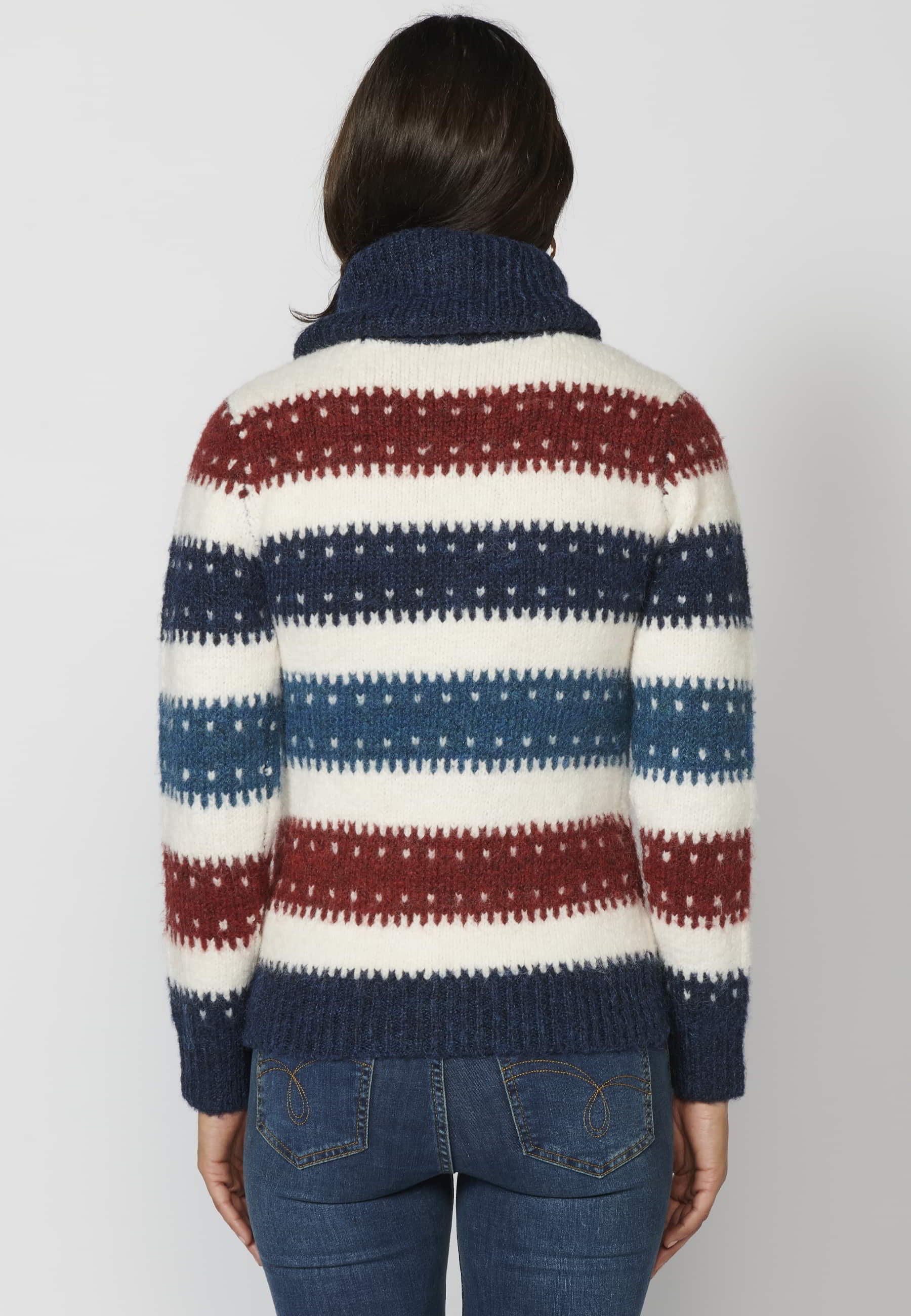 Long-sleeved knit sweater with a striped turn-up collar in Navy for Women