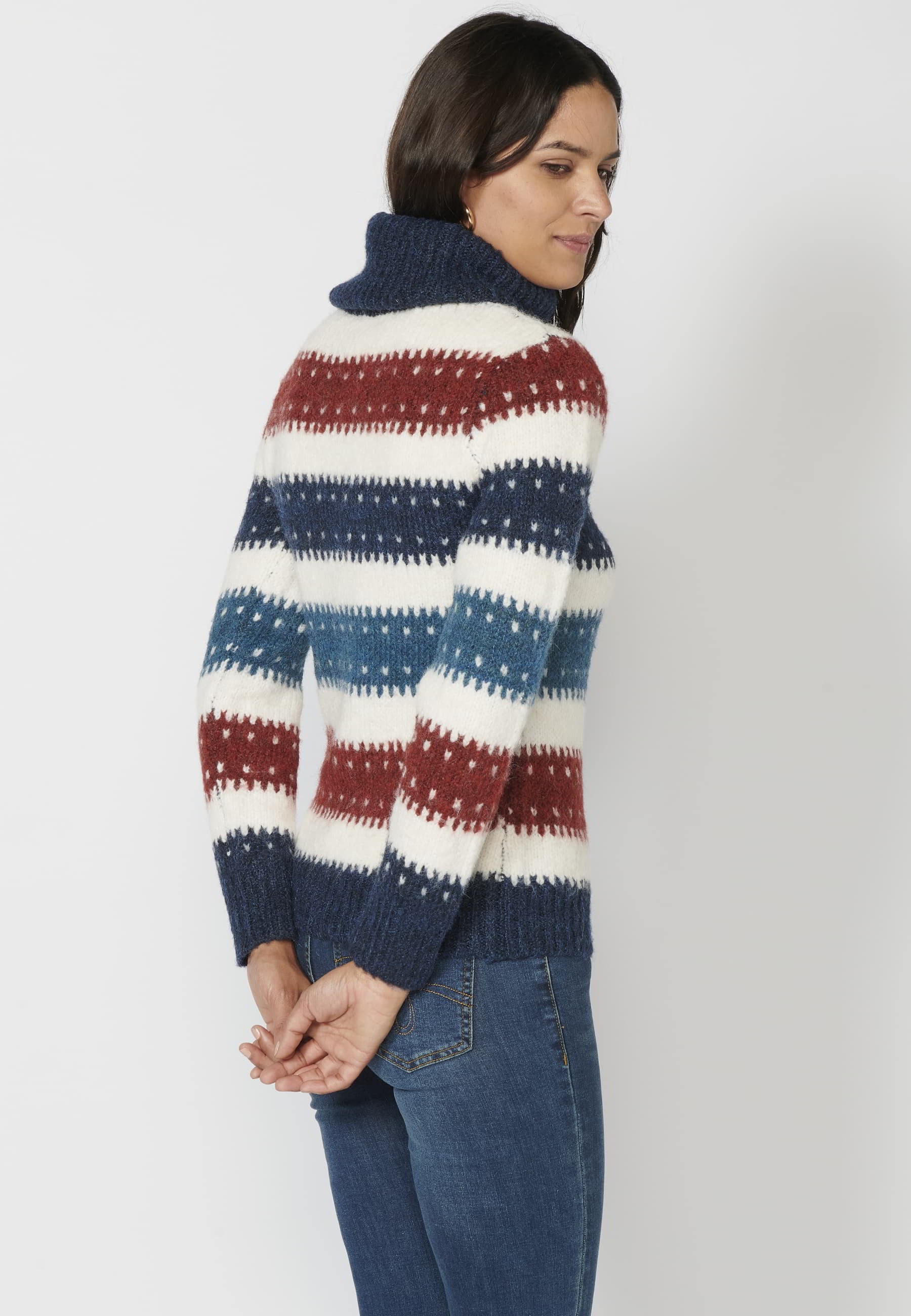 Long-sleeved knit sweater with a striped turn-up collar in Navy for Women