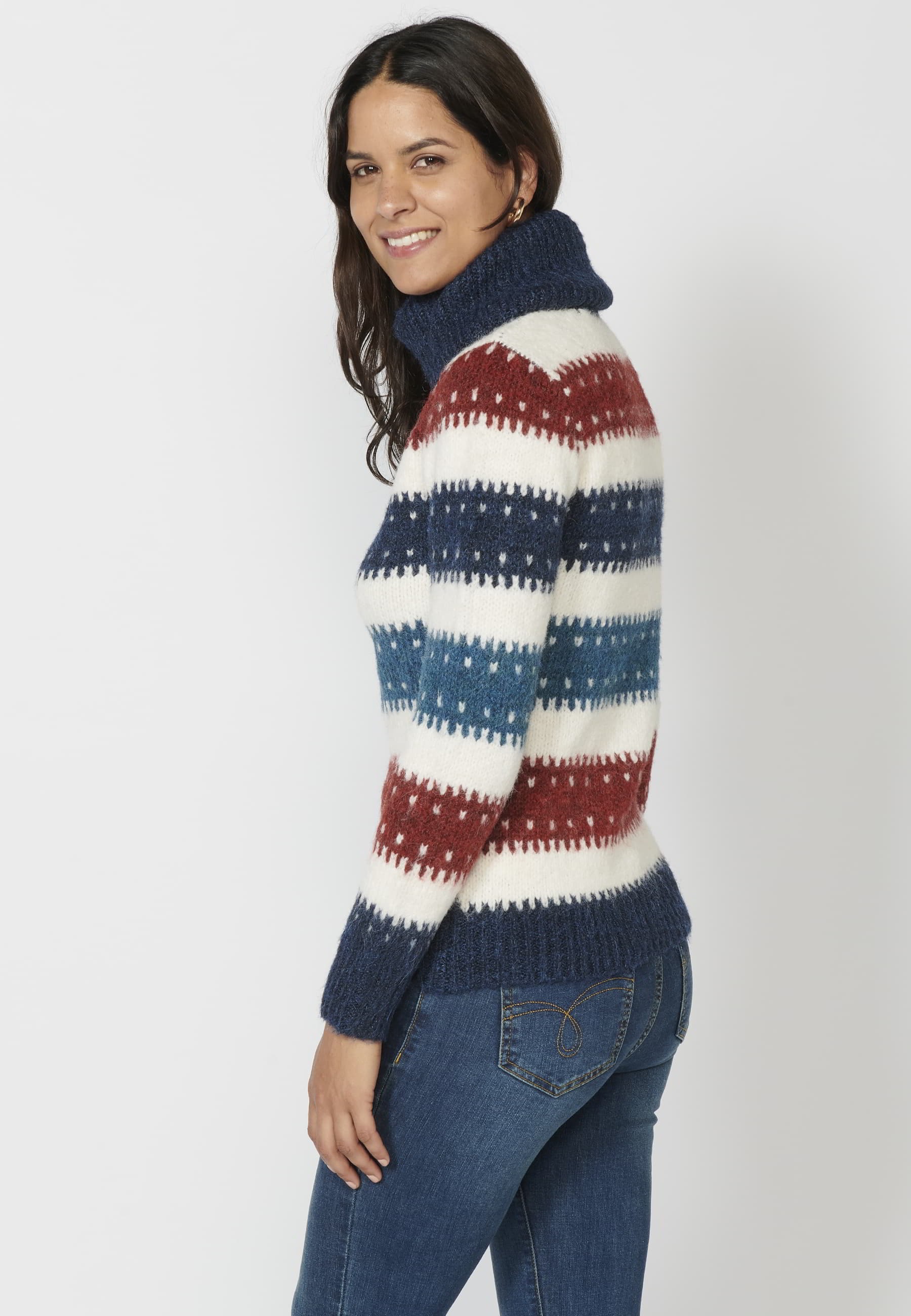 Long-sleeved knit sweater with a striped turn-up collar in Navy for Women