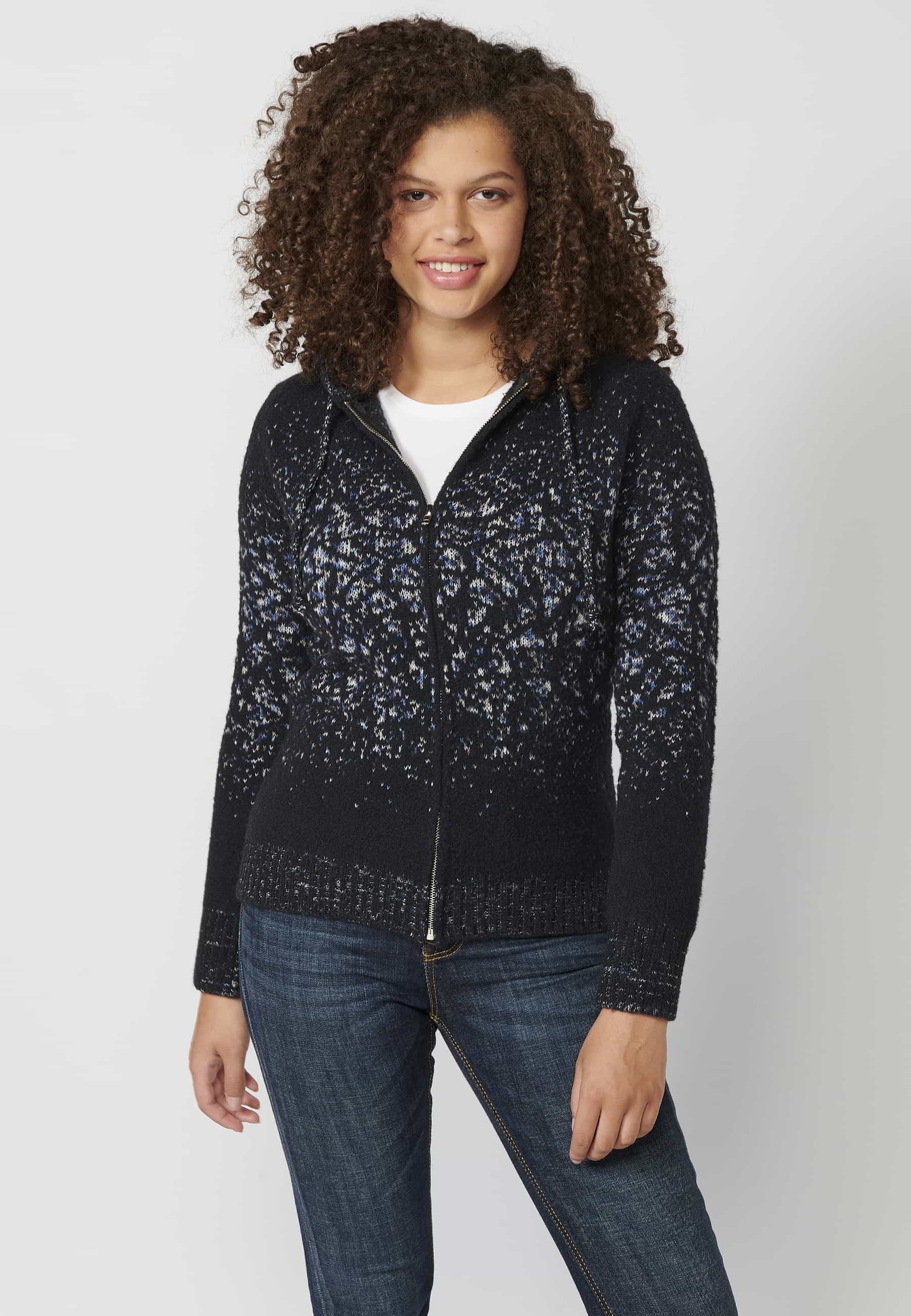 Chaqueta jersey de manga larga con cuello con capucha color navy para mujer | Moda Actual