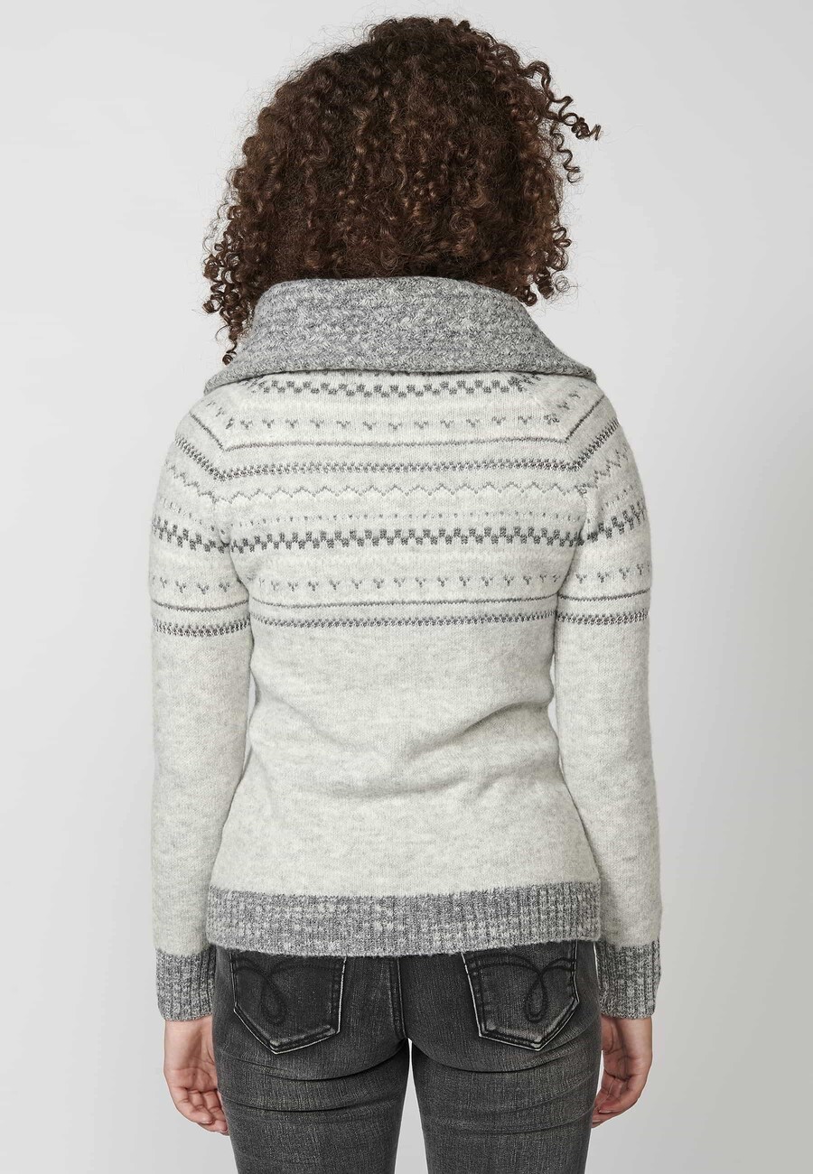 Veste pull grise à manches longues, col montant et revers pour Femme 6