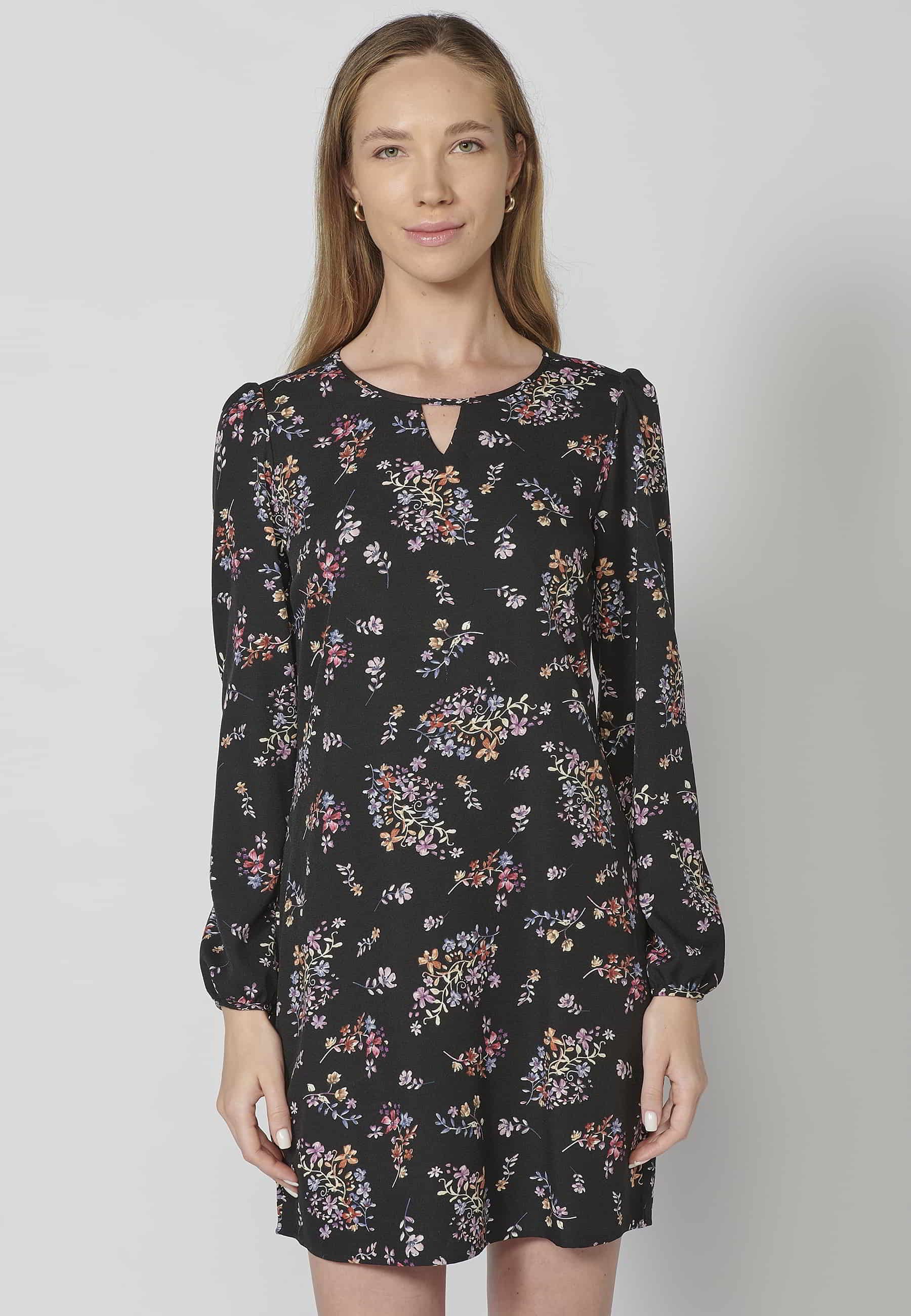 Vestido de manga larga cuello redondo con abertura estampado floral multicolor para mujer | Moda Actual 3