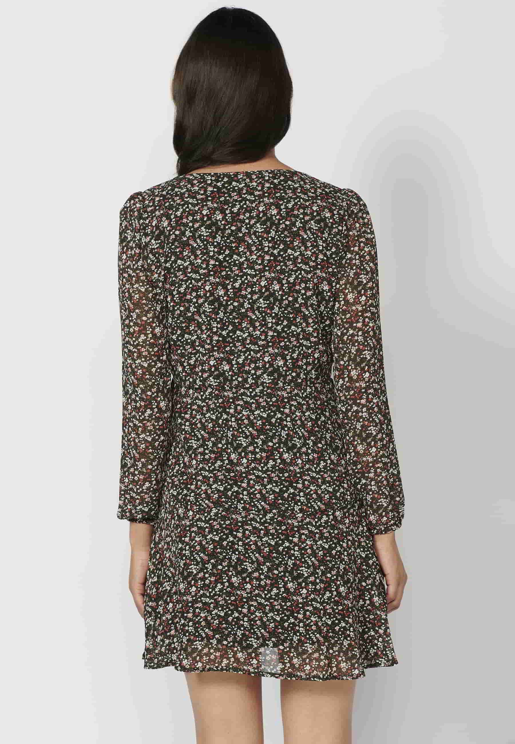 Vestido corto de manga larga de escote cruzado con estampado floral color multicolor para mujer | Moda Actual